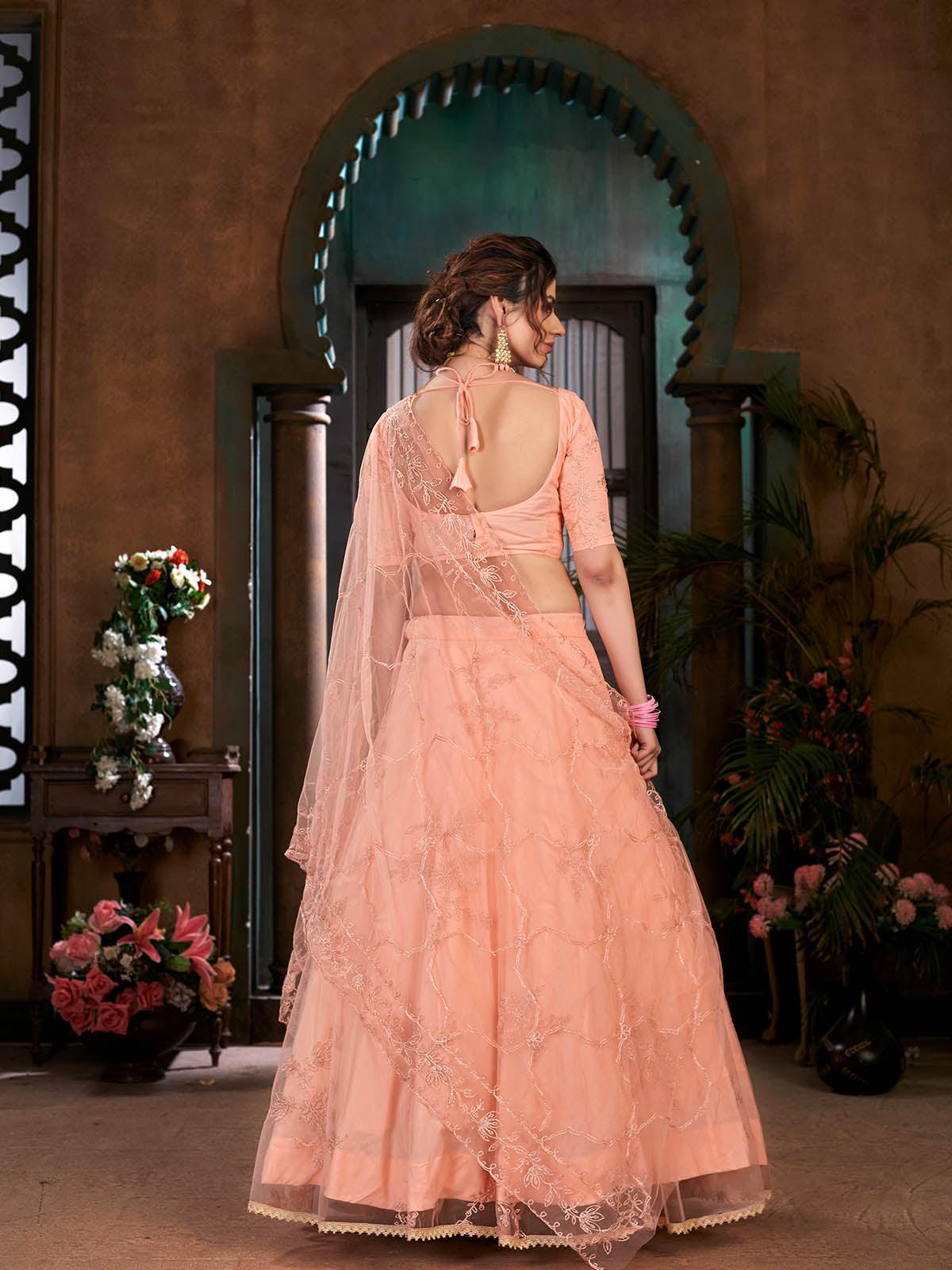 Odette Women Striking Peach Net Semi Stitched Lehenga With  Unstitched Blouse - Image 2