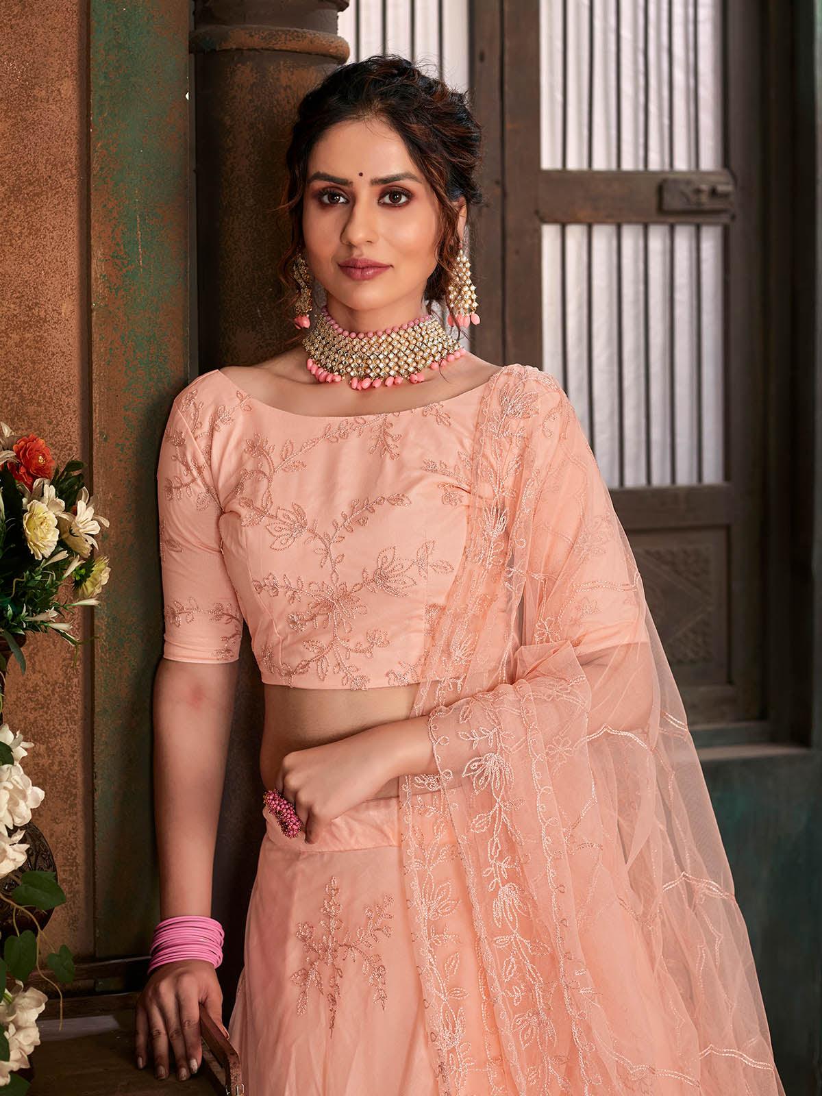 Odette Women Striking Peach Net Semi Stitched Lehenga With  Unstitched Blouse - Image 3