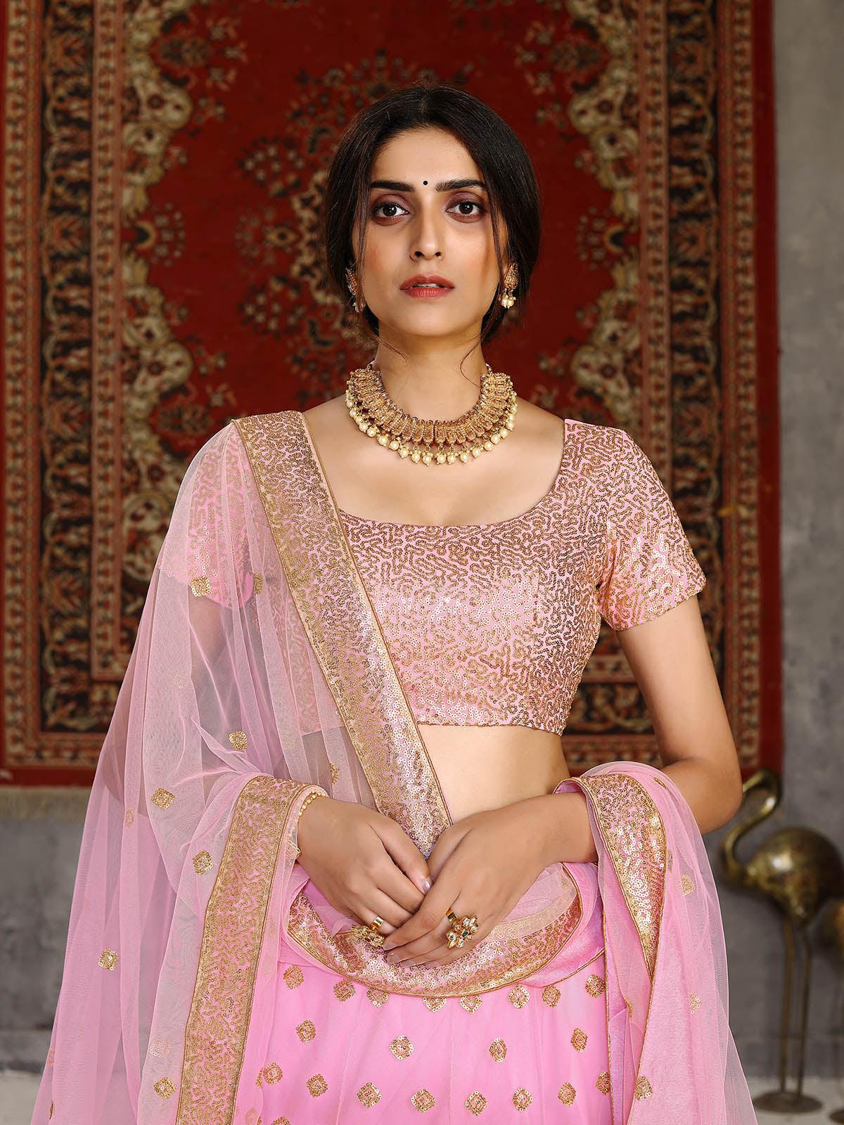 Odette Women Striking Pink Net Semi Stitched Lehenga With  Unstitched Blouse - Image 5