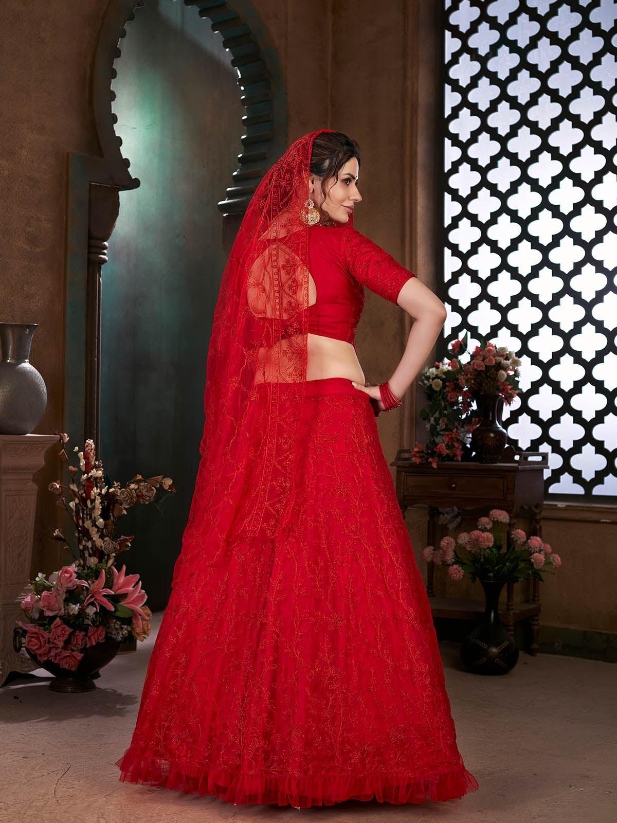 Odette Women Striking Red Net Semi Stitched Lehenga With  Unstitched Blouse - Image 2