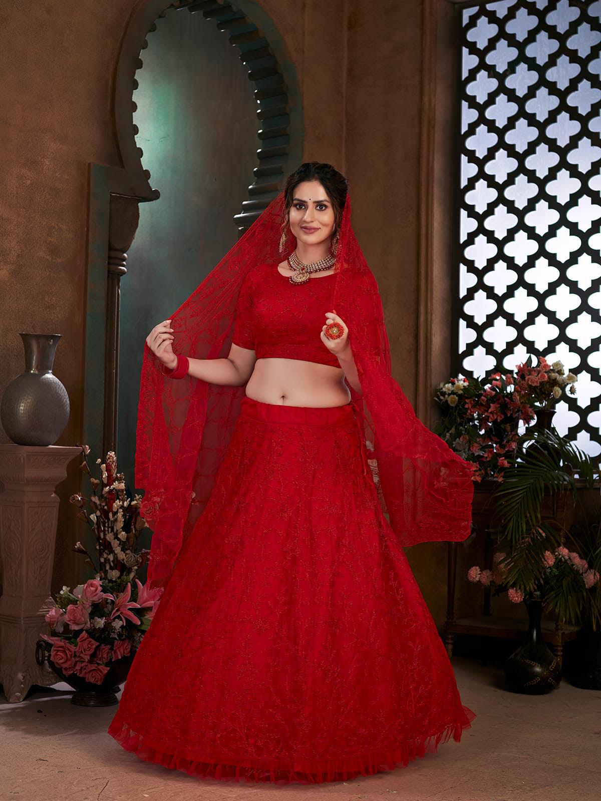 Odette Women Striking Red Net Semi Stitched Lehenga With  Unstitched Blouse - Image 3