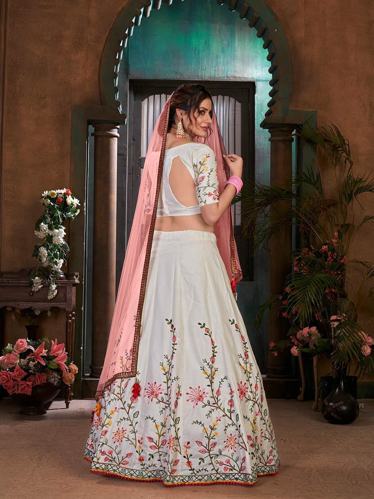 Odette Women Striking White Cotton Semi Stitched Lehenga With  Unstitched Blouse - Image 2