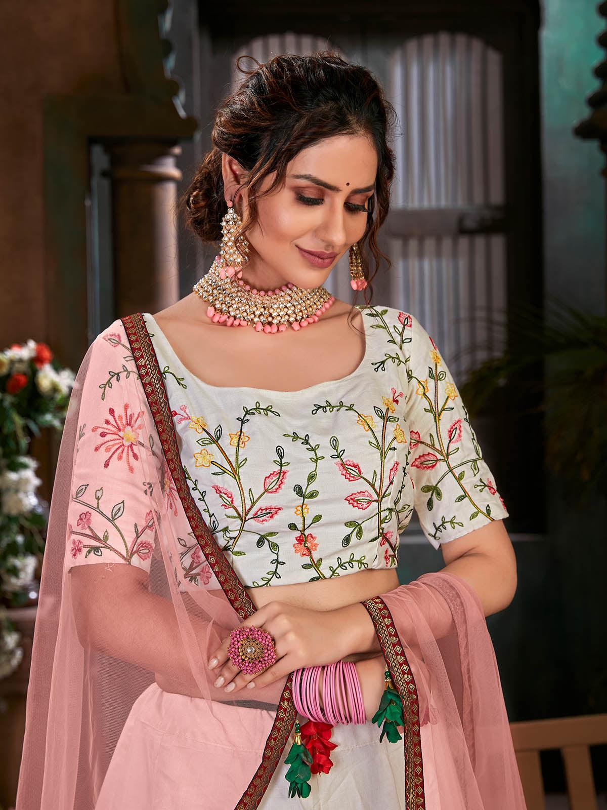 Odette Women Striking White Cotton Semi Stitched Lehenga With  Unstitched Blouse - Image 4