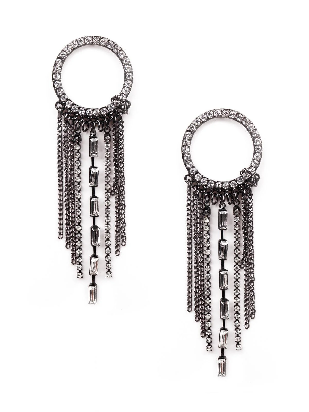 Odette Women Silver Studded Metal Tassel Drop Earrings-Silver - Image 3