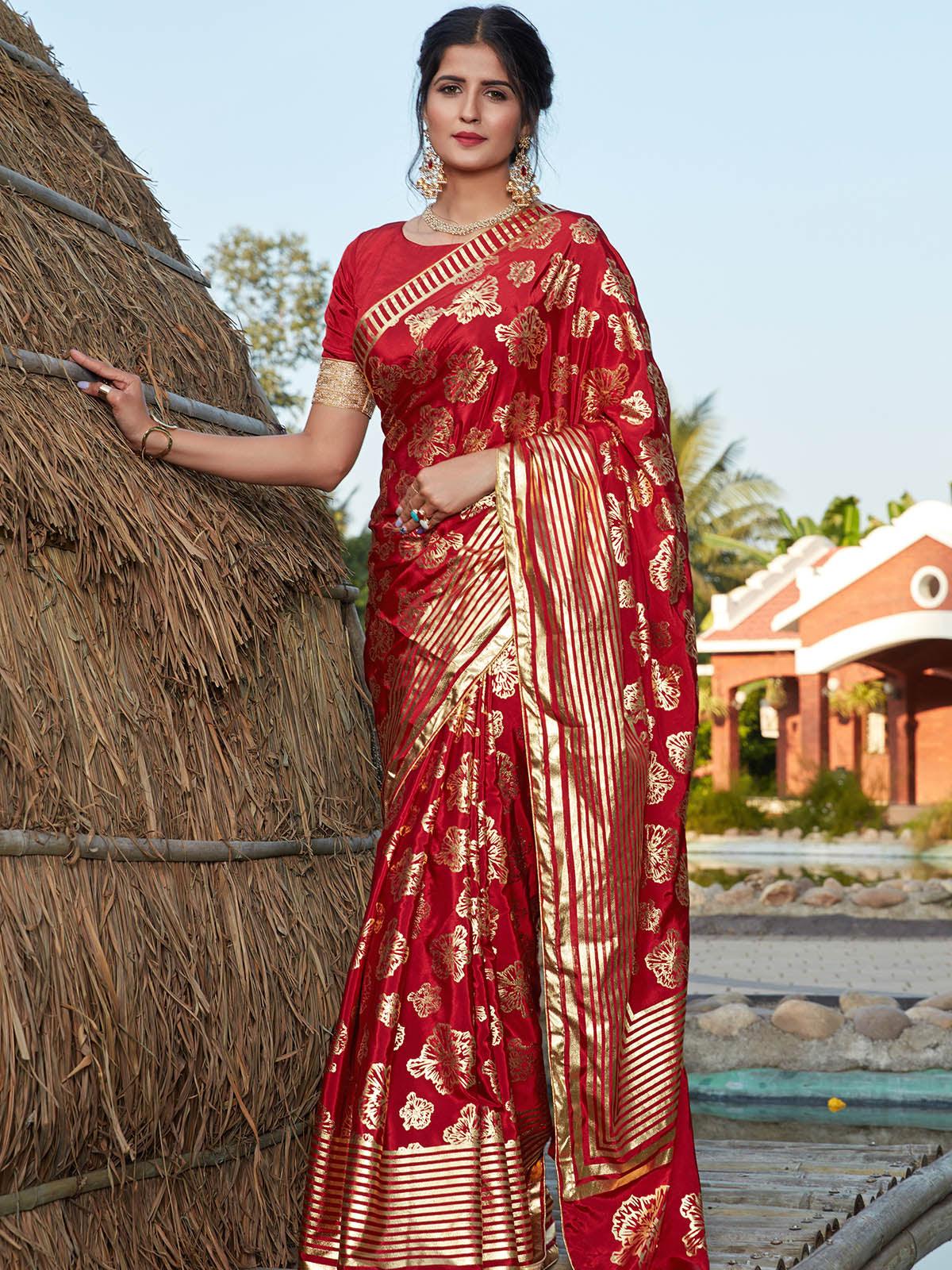 Odette Women Stunning Red Silk Saree With Unstitched Blouse - Image 3