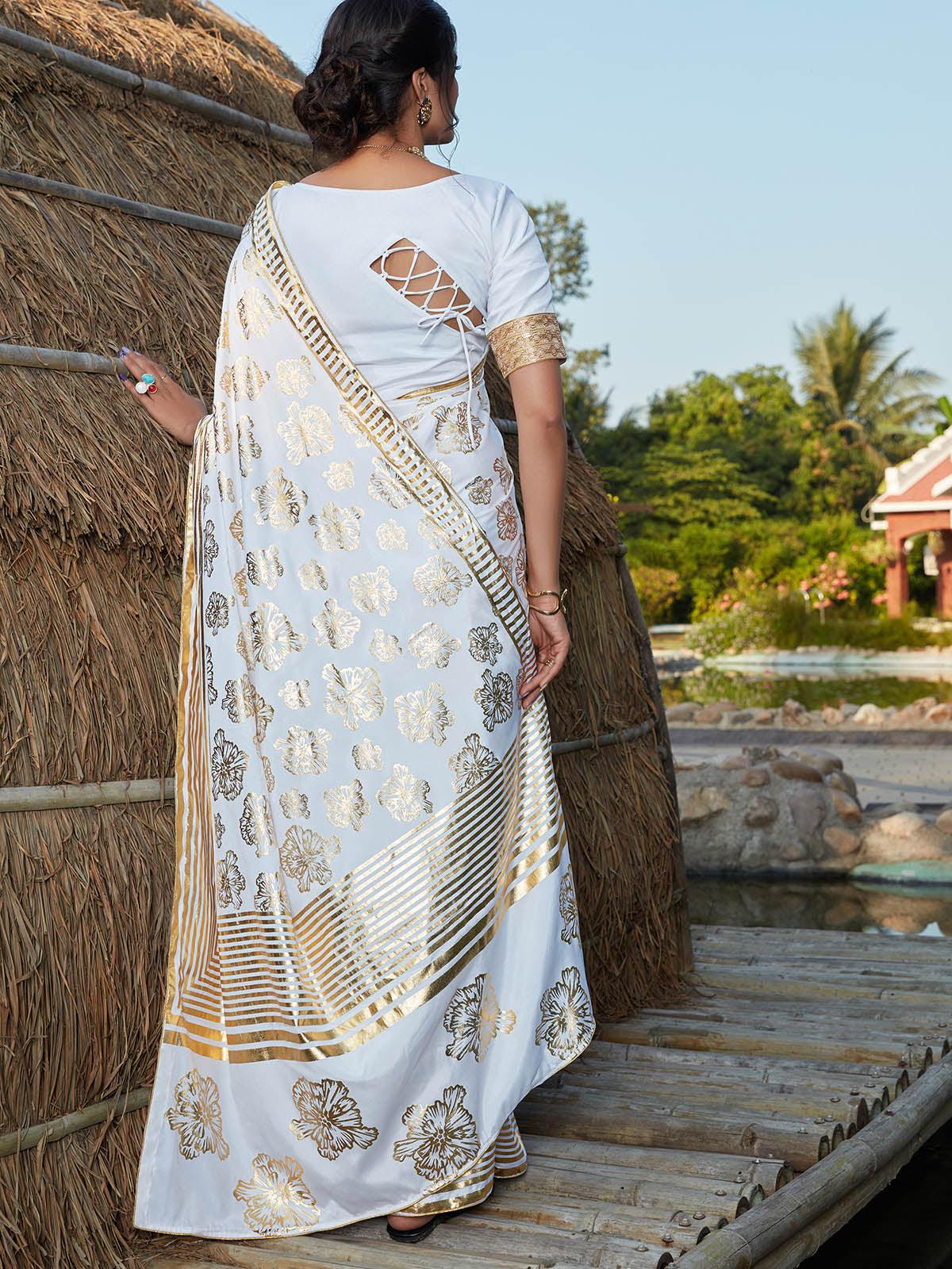 Odette Women Stunning White Silk Saree With Unstitched Blouse - Image 2