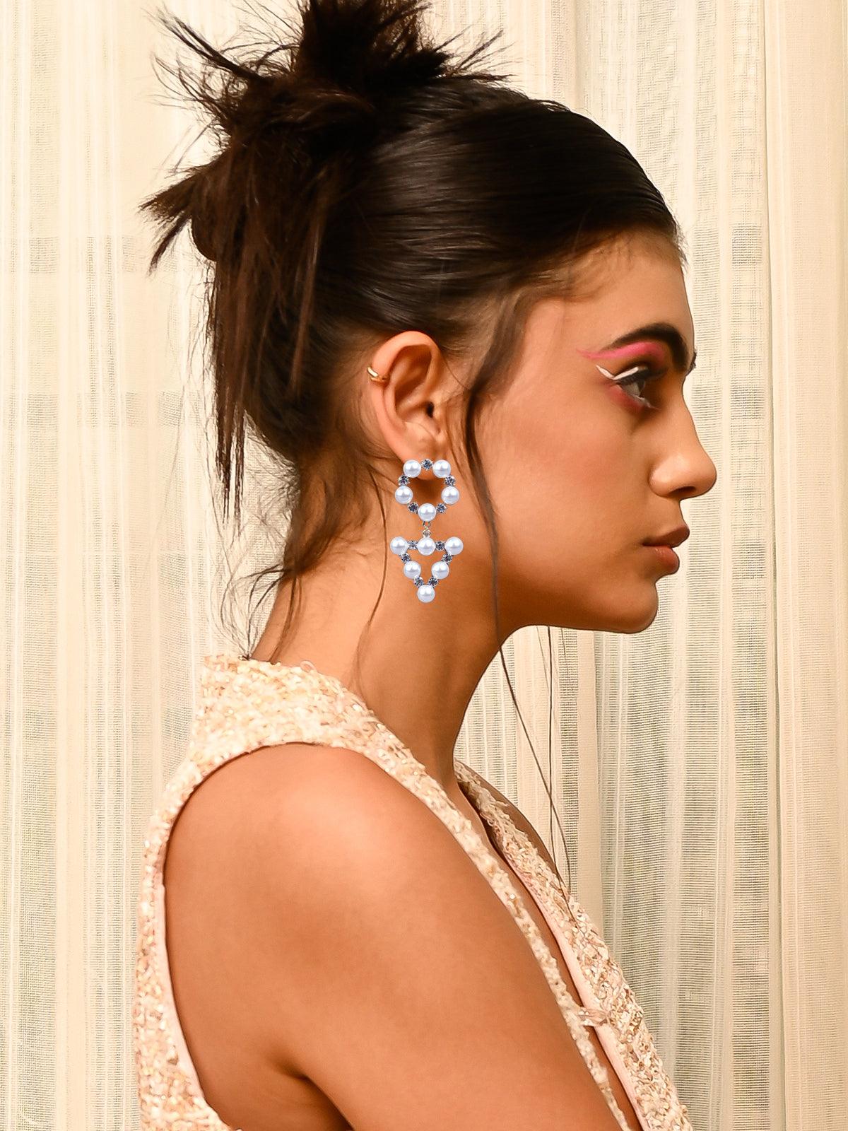 Odette Women White Stunning Pearlmetal Statement Earrings - Image 2