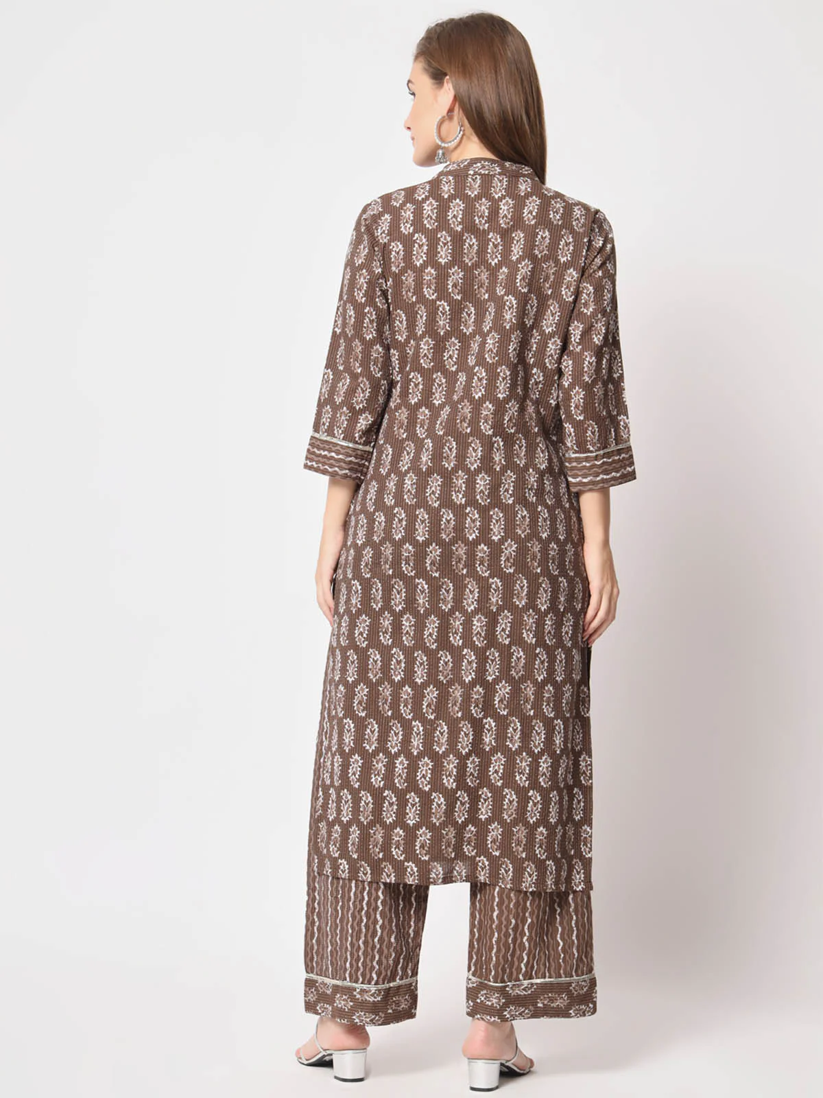 Odette Women Stunning Brown Cotton Printed Stitched Kurta Set - Image 5