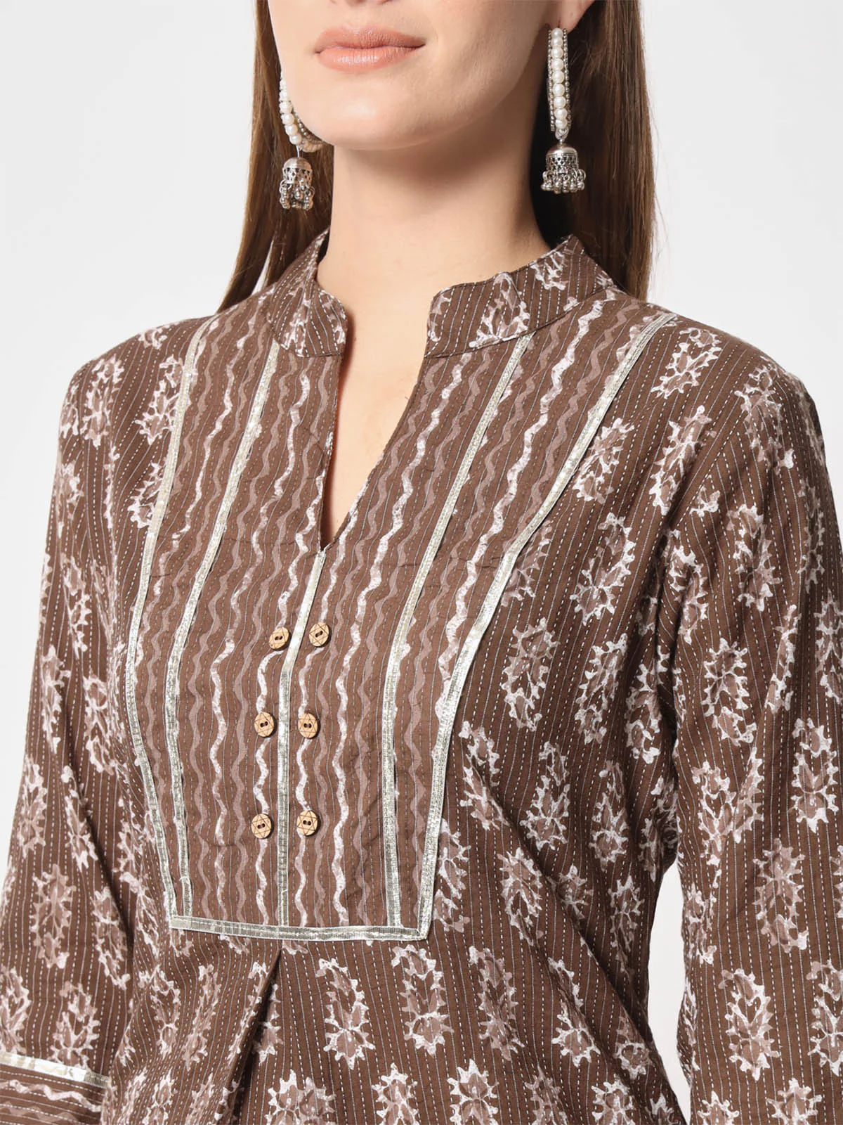 Odette Women Stunning Brown Cotton Printed Stitched Kurta Set - Image 6