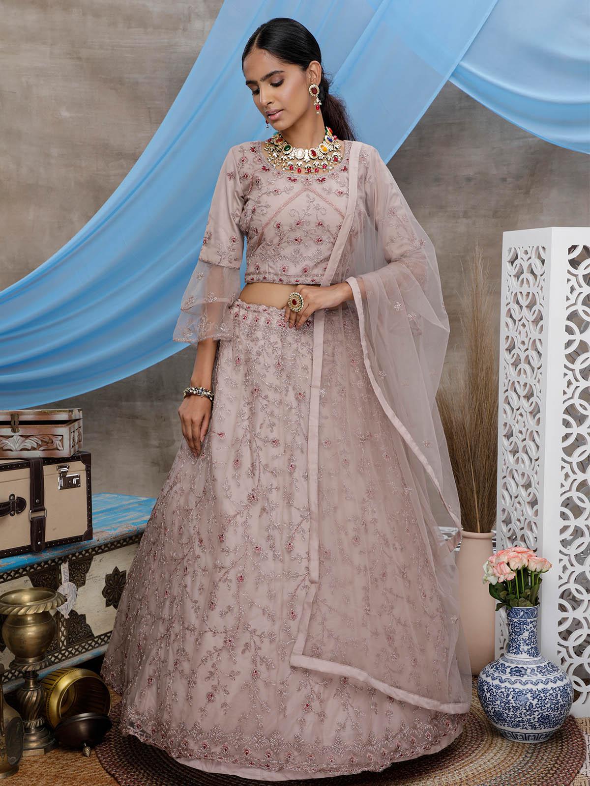 Odette Women Stunning Dusty Purple Net Semi Stitched Lehenga With  Unstitched Blouse - Image 3
