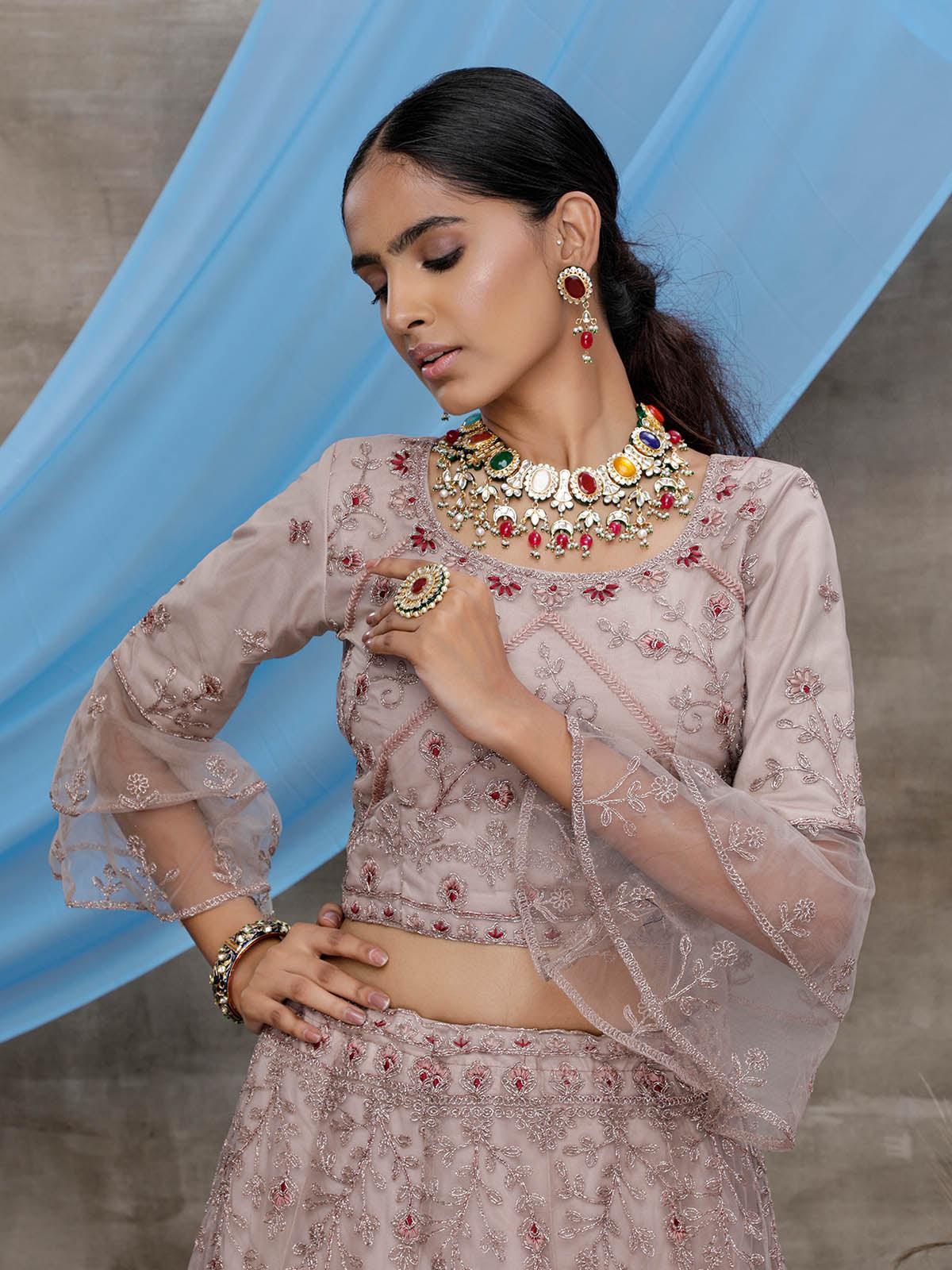 Odette Women Stunning Dusty Purple Net Semi Stitched Lehenga With  Unstitched Blouse - Image 4