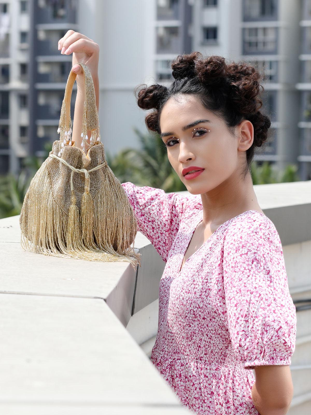 Odette Stunning Gold Fringes Beaded Potli Bag For Women - Image 2