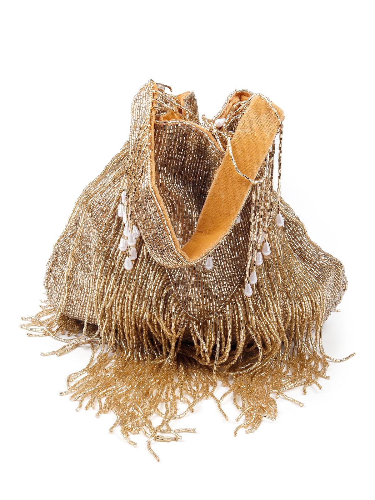 Odette Stunning Gold Fringes Beaded Potli Bag For Women - Image 3