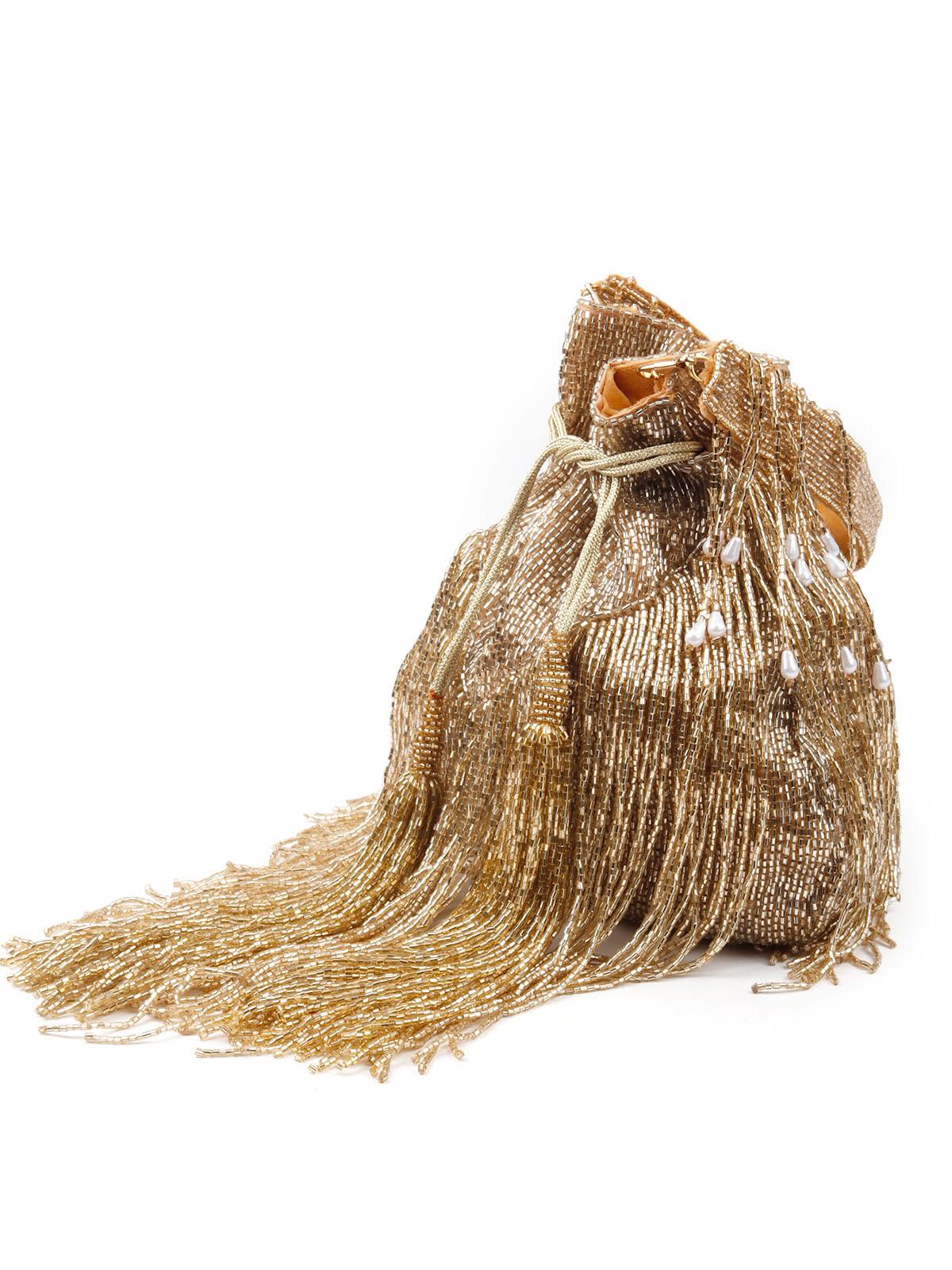 Odette Stunning Gold Fringes Beaded Potli Bag For Women - Image 4