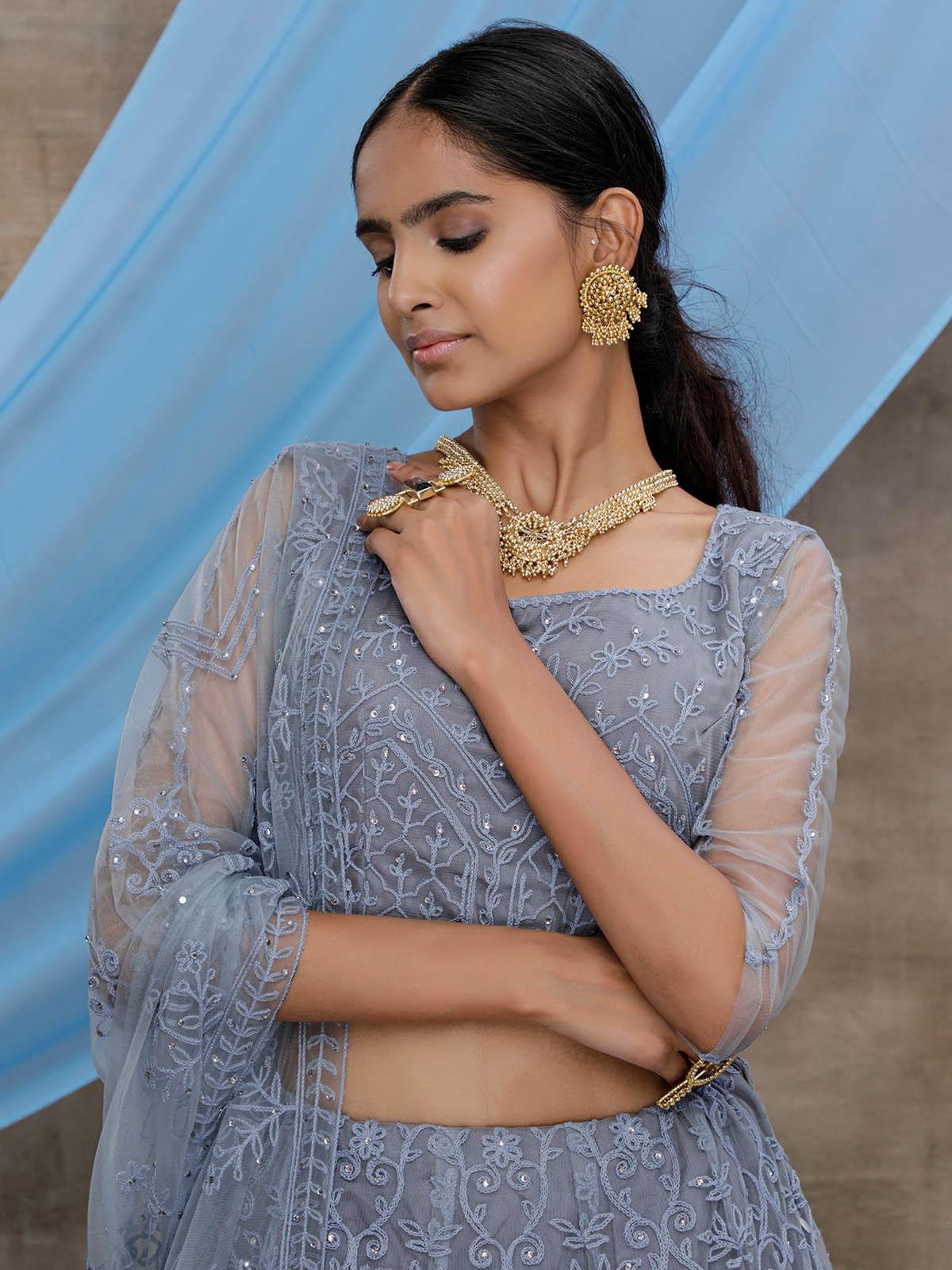 Odette Women Stunning Grey Net Semi Stitched Lehenga With  Unstitched Blouse - Image 3