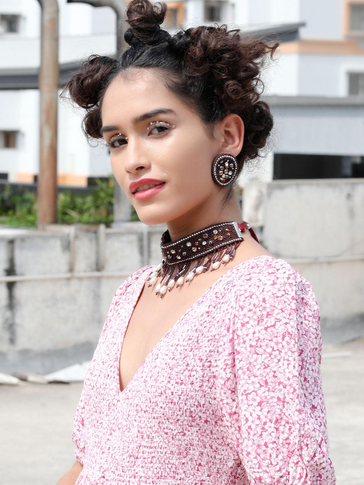 Odette Stunning Maroon Beaded Choker Necklace Set For Women - Image 2