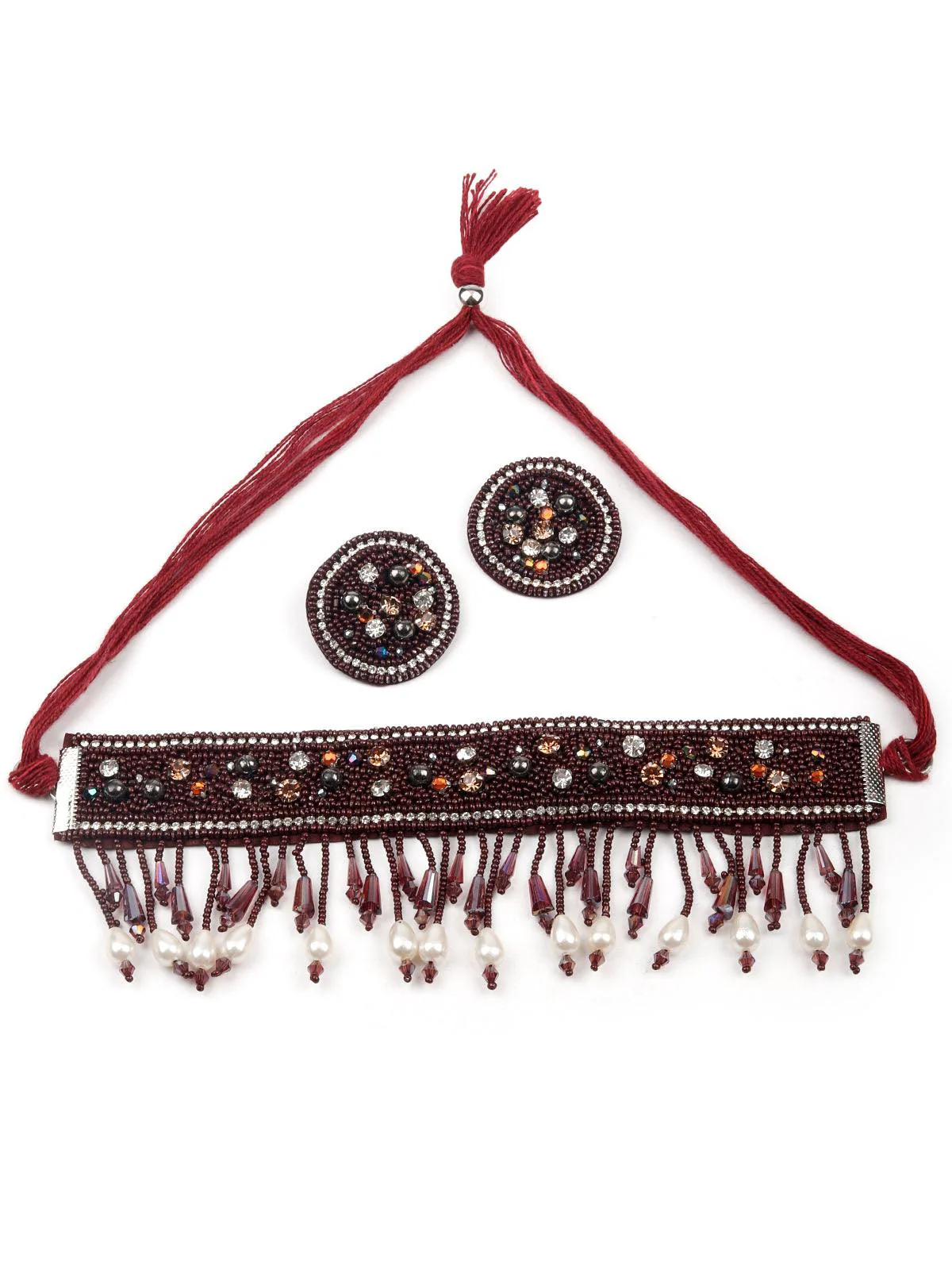 Odette Stunning Maroon Beaded Choker Necklace Set For Women - Image 3