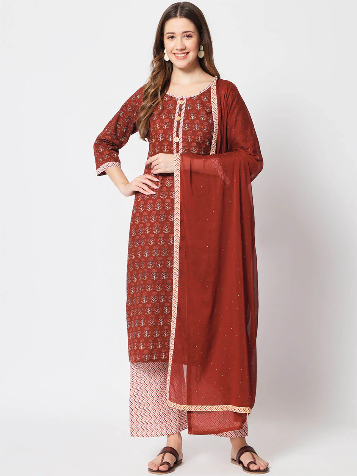Odette Women Stunning Maroon Cotton Printed Stitched Kurta Set - Image 2