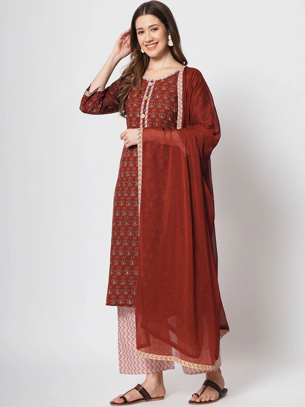Odette Women Stunning Maroon Cotton Printed Stitched Kurta Set - Image 3
