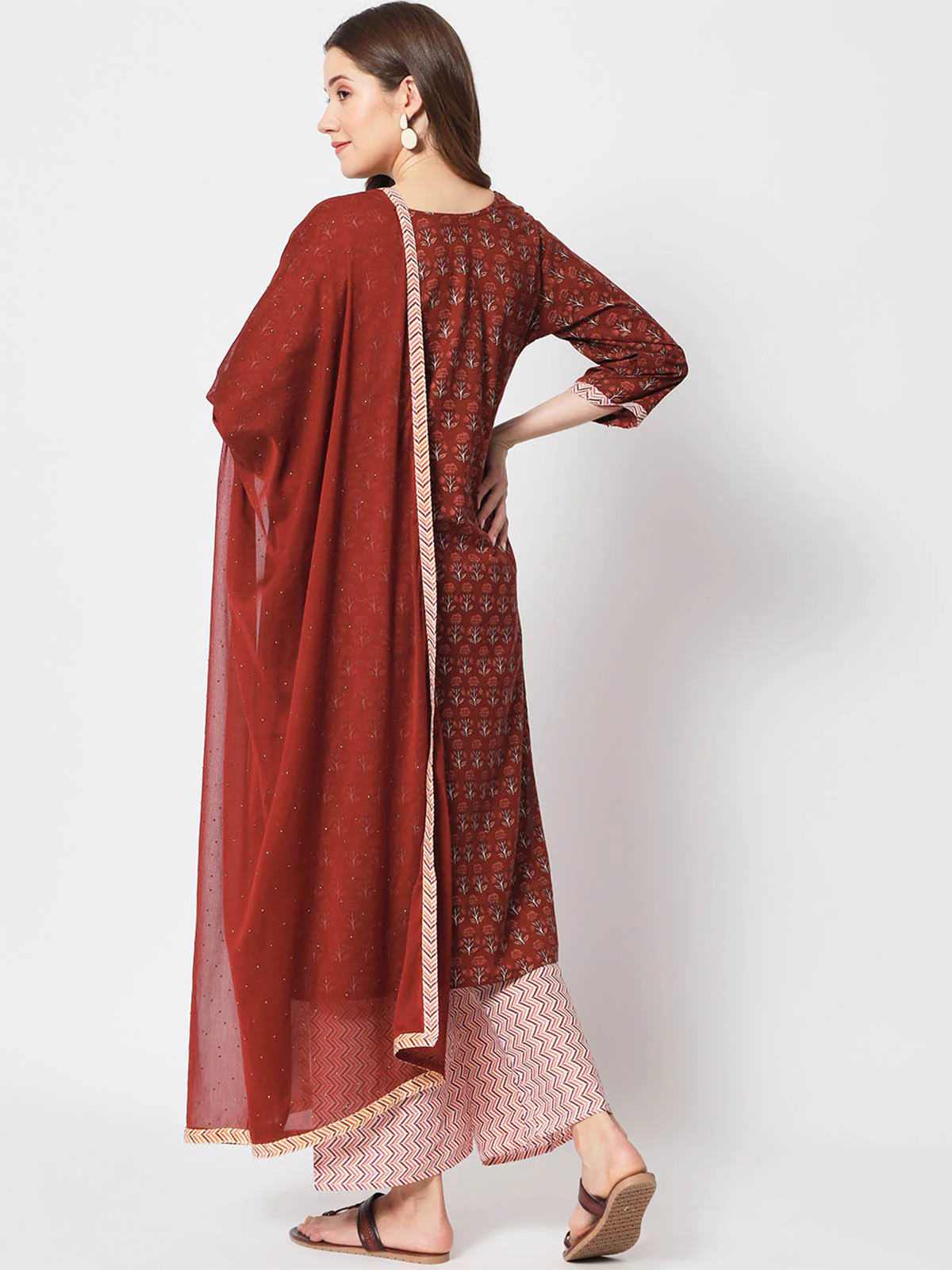 Odette Women Stunning Maroon Cotton Printed Stitched Kurta Set - Image 5
