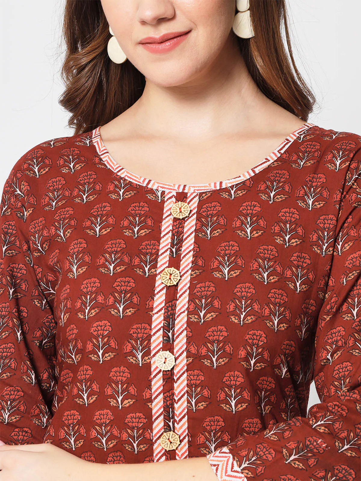 Odette Women Stunning Maroon Cotton Printed Stitched Kurta Set - Image 6