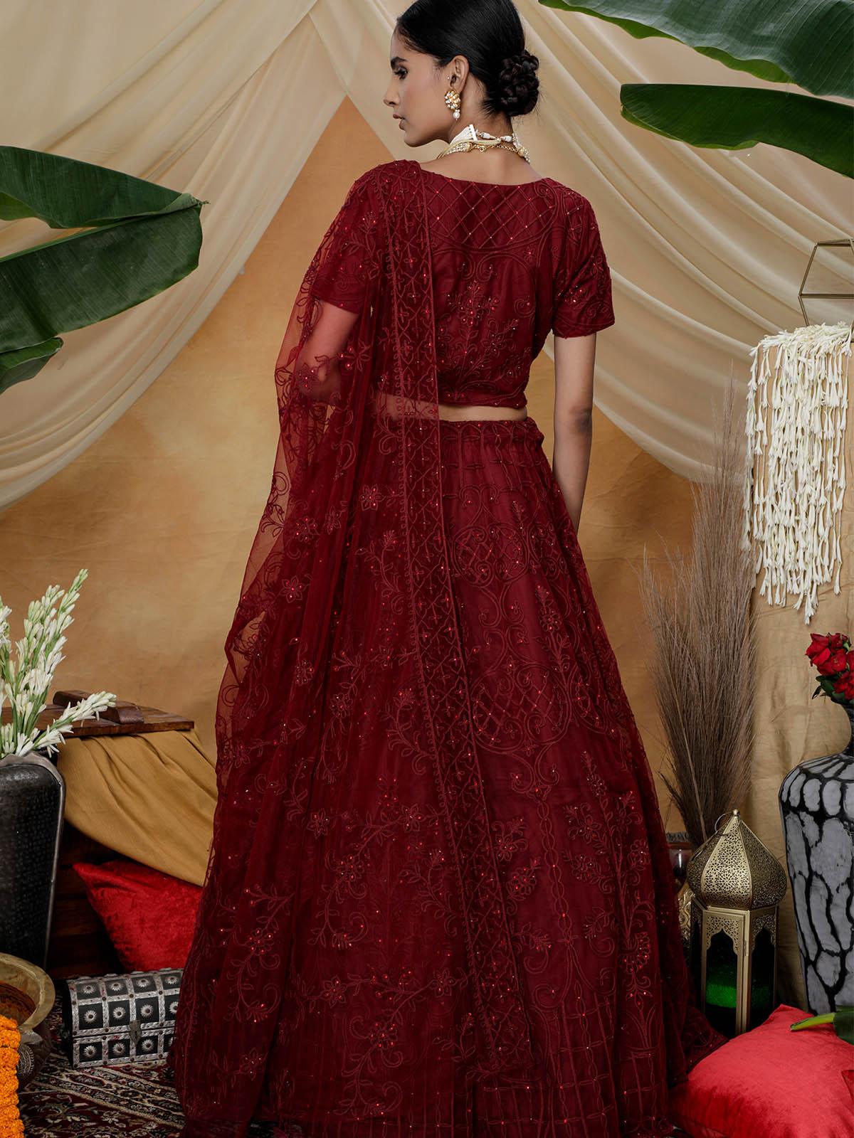 Odette Women Stunning Maroon Net Semi Stitched Lehenga With  Unstitched Blouse - Image 2