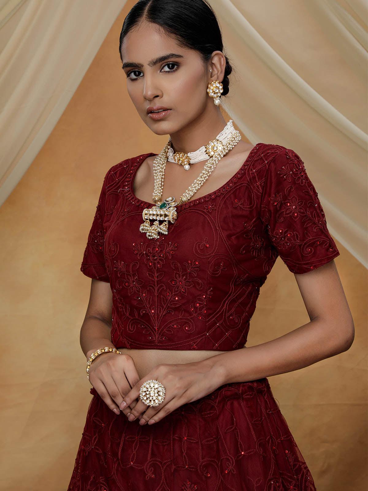 Odette Women Stunning Maroon Net Semi Stitched Lehenga With  Unstitched Blouse - Image 4