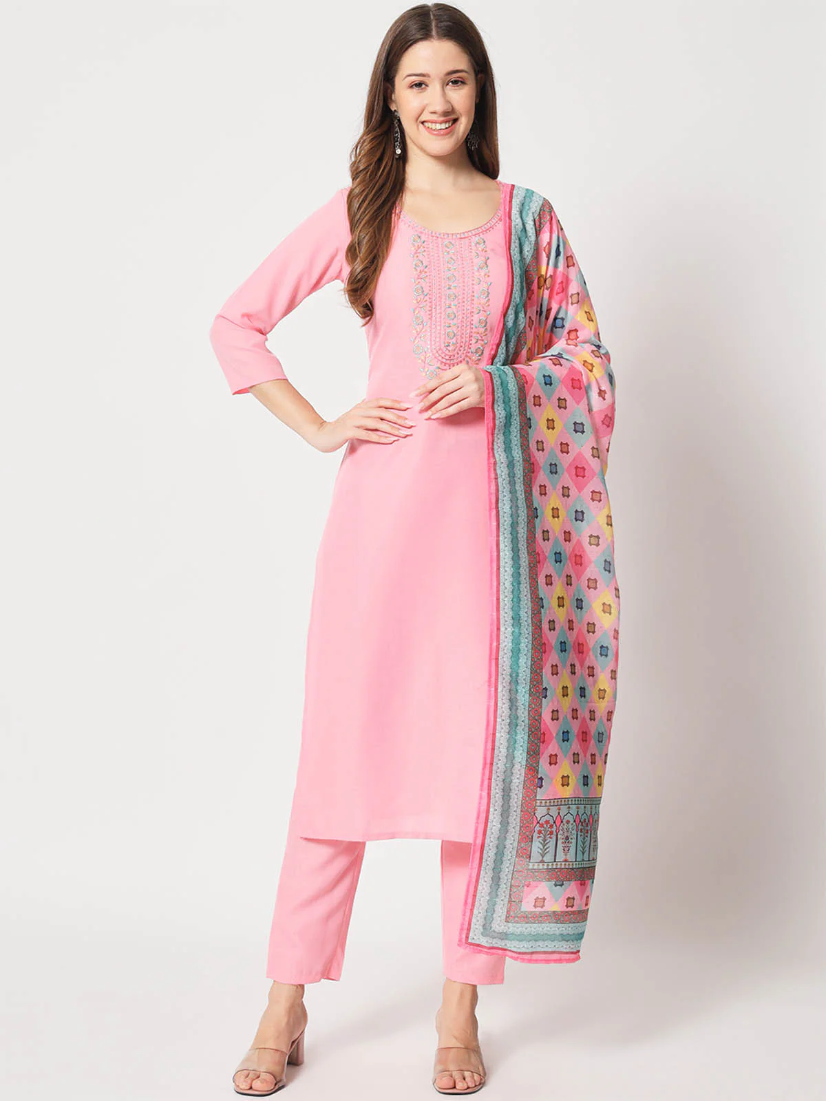 Odette Women Stunning Pink Cotton Embroidered Stitched Kurta Set - Image 2