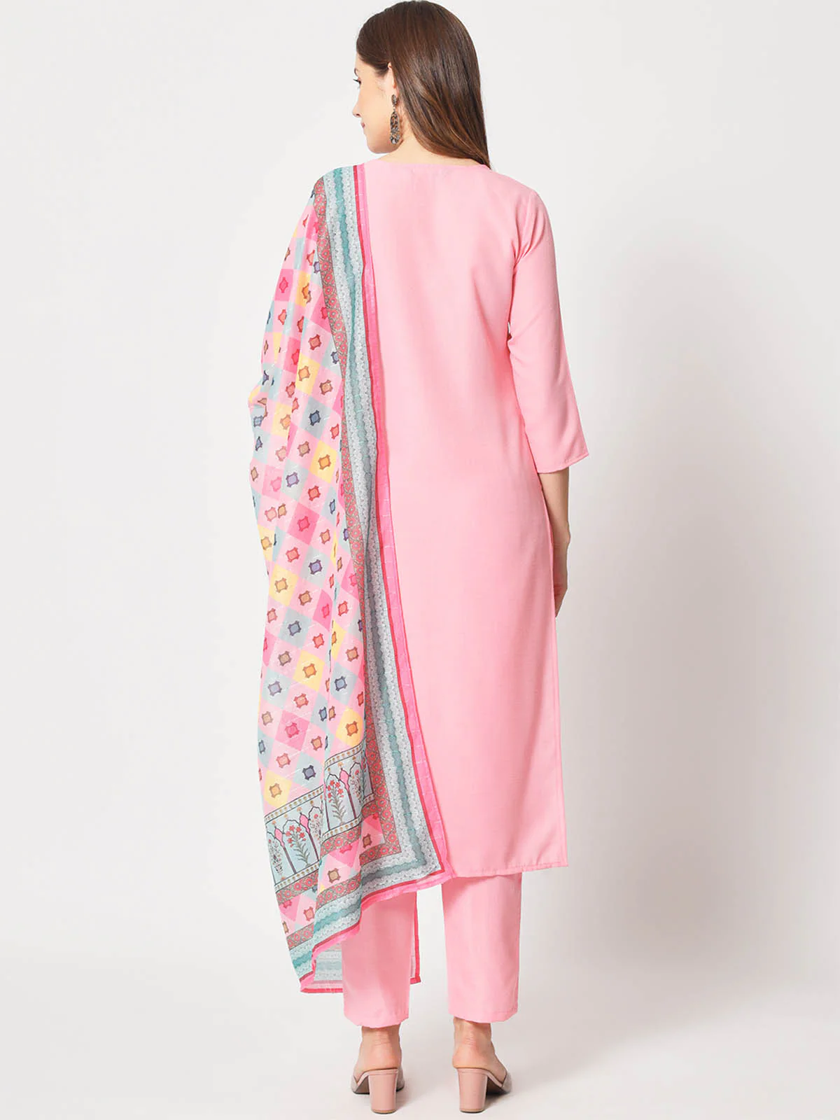 Odette Women Stunning Pink Cotton Embroidered Stitched Kurta Set - Image 5