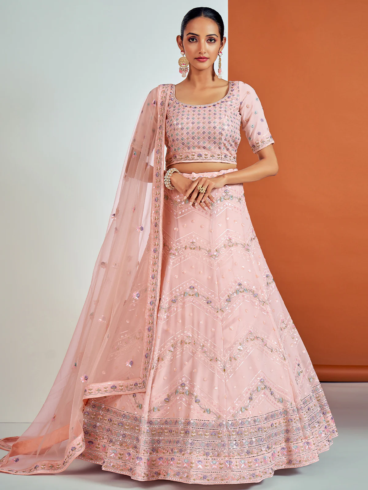 Odette Women Stunning Pink Georgette Semi Stitched Lehenga With Unstitched Blouse