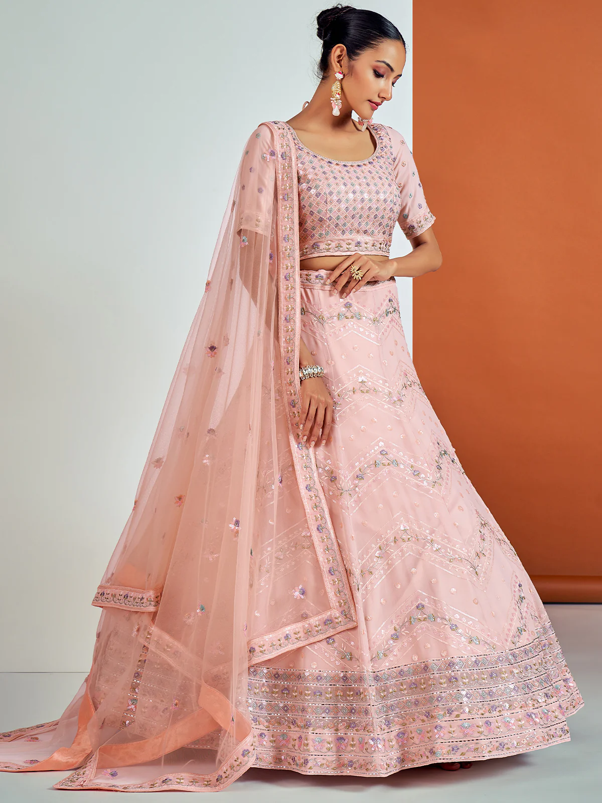 Odette Women Stunning Pink Georgette Semi Stitched Lehenga With Unstitched Blouse - Image 3