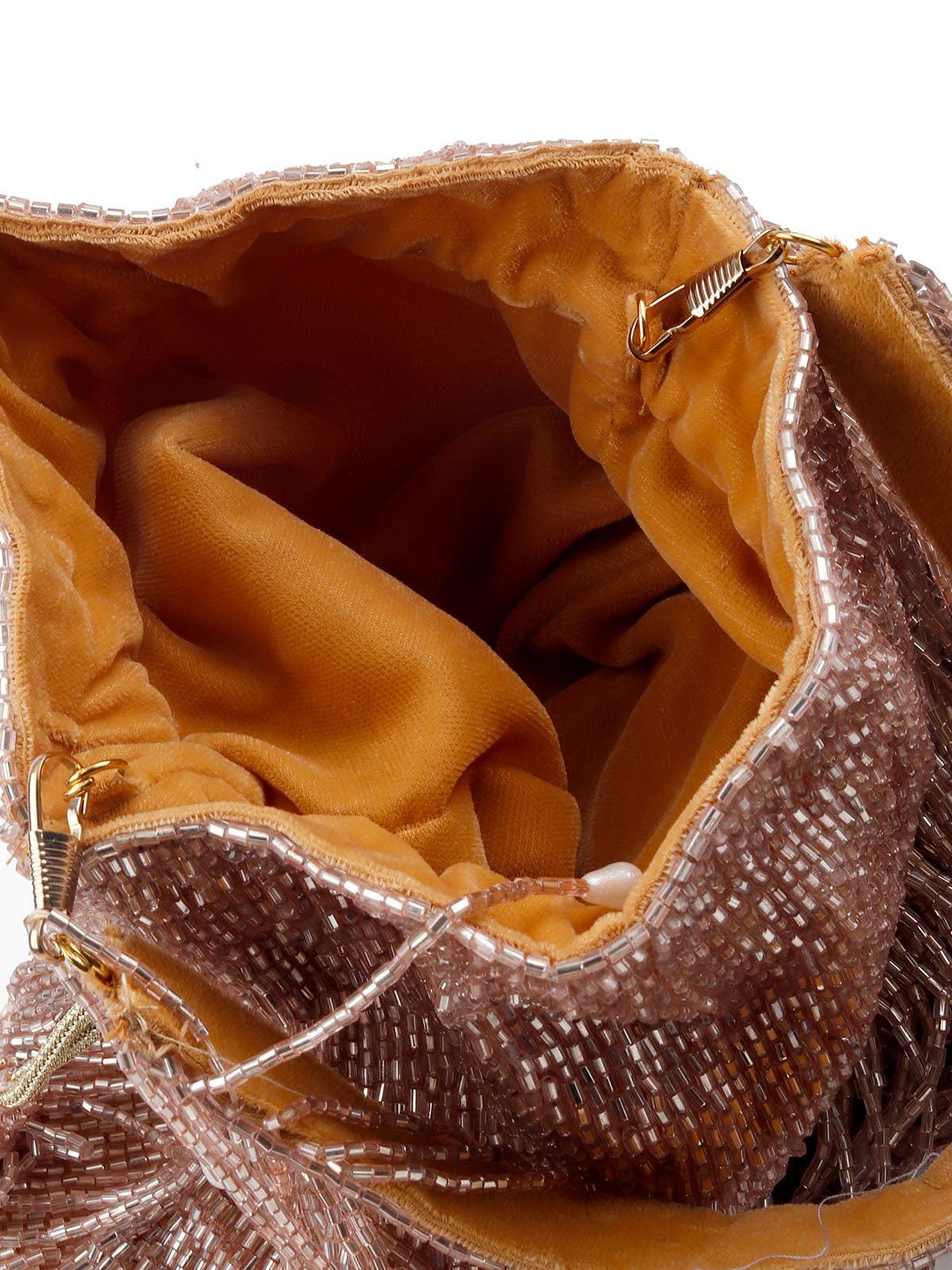 Odette Stunning Rose Gold Fringes Beaded Potli Bag For Women - Image 6