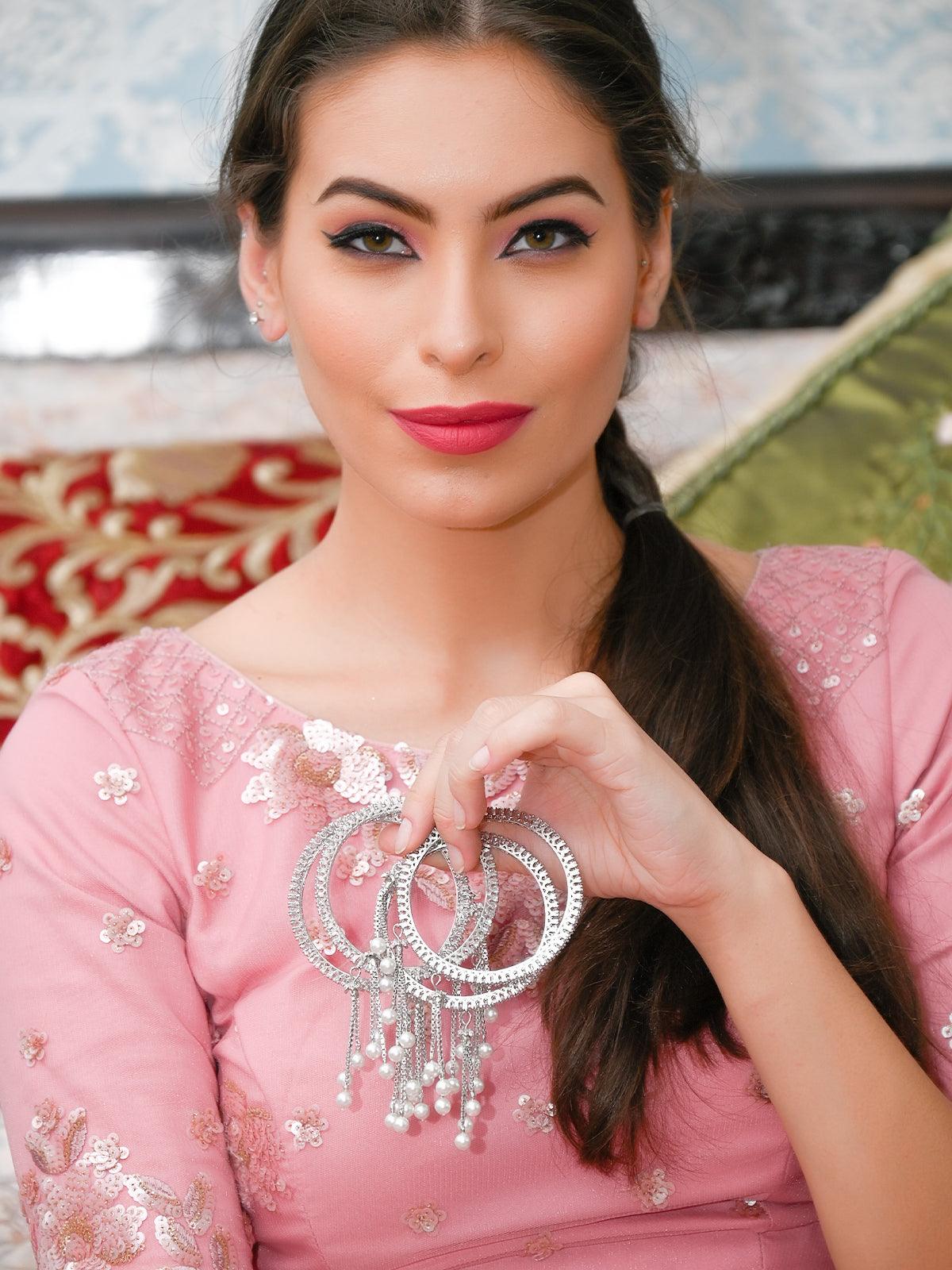 Odette Women Stunning Silver Ethnic Bangles With Latkan