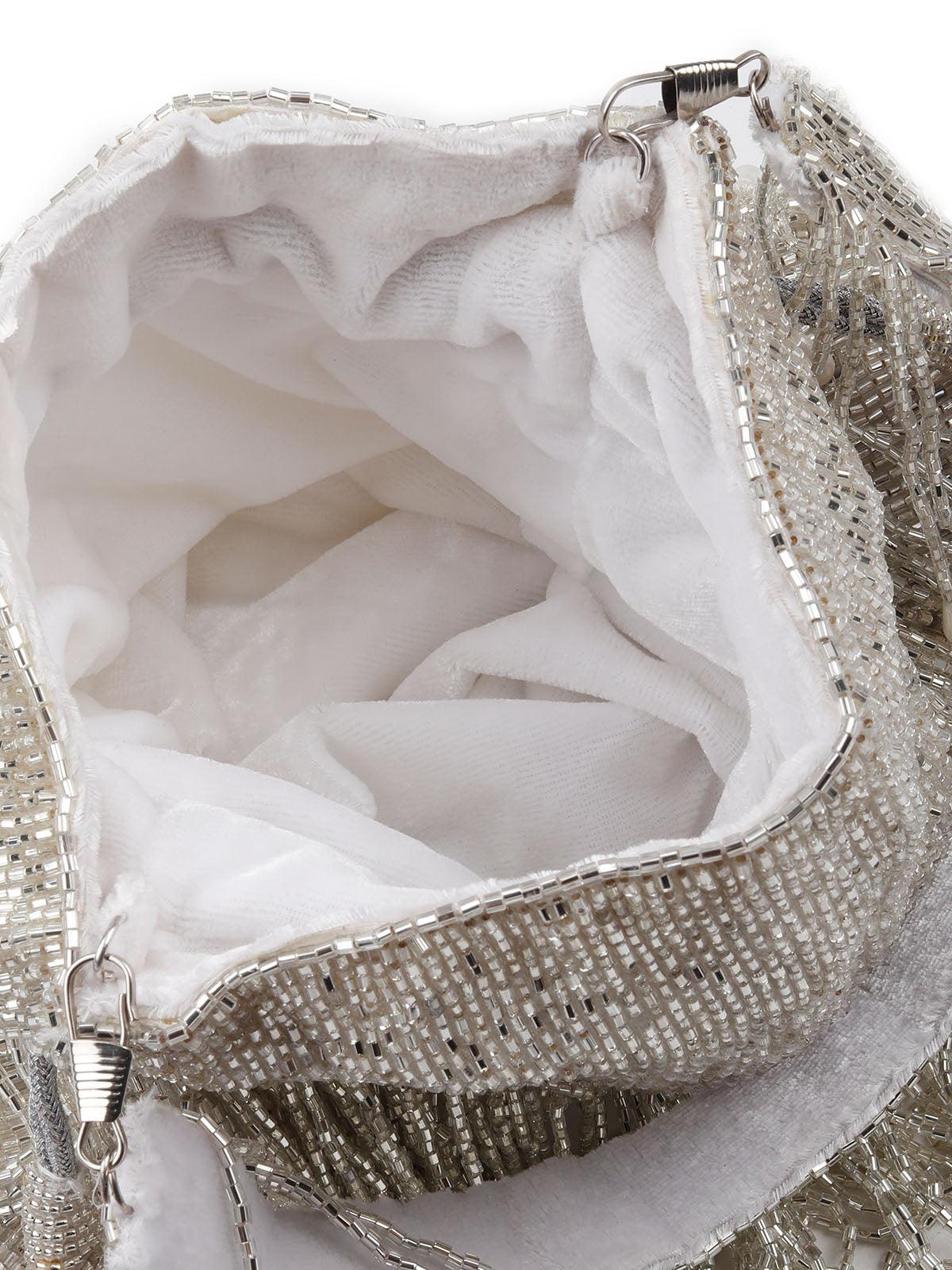 Odette Stunning Silver Fringes Beaded Potli Bag For Women - Image 6
