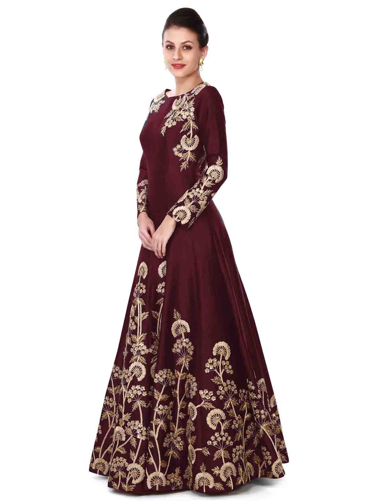 Odette Women Stunning Tafetta Silk Maroon Semi Stitched Gown - Image 2