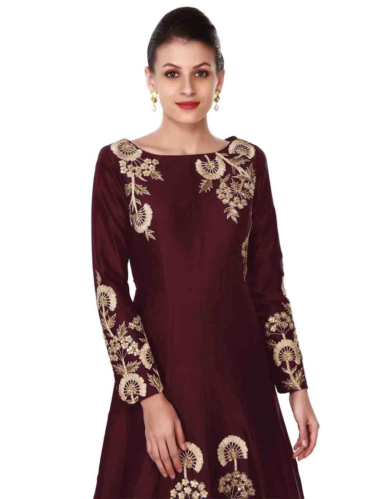Odette Women Stunning Tafetta Silk Maroon Semi Stitched Gown - Image 3
