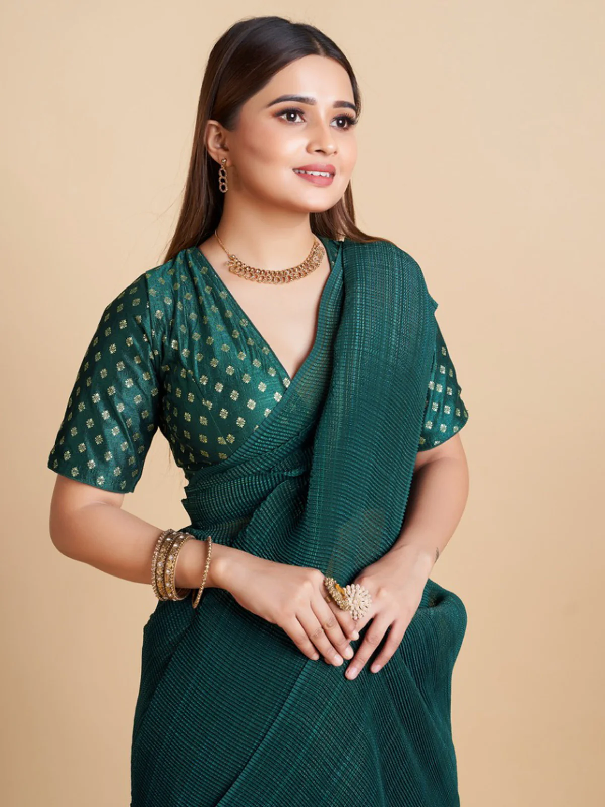 Odette Women Stunning Dark Green Chiffon Georgette Sare With Stitched Blouse - Image 4