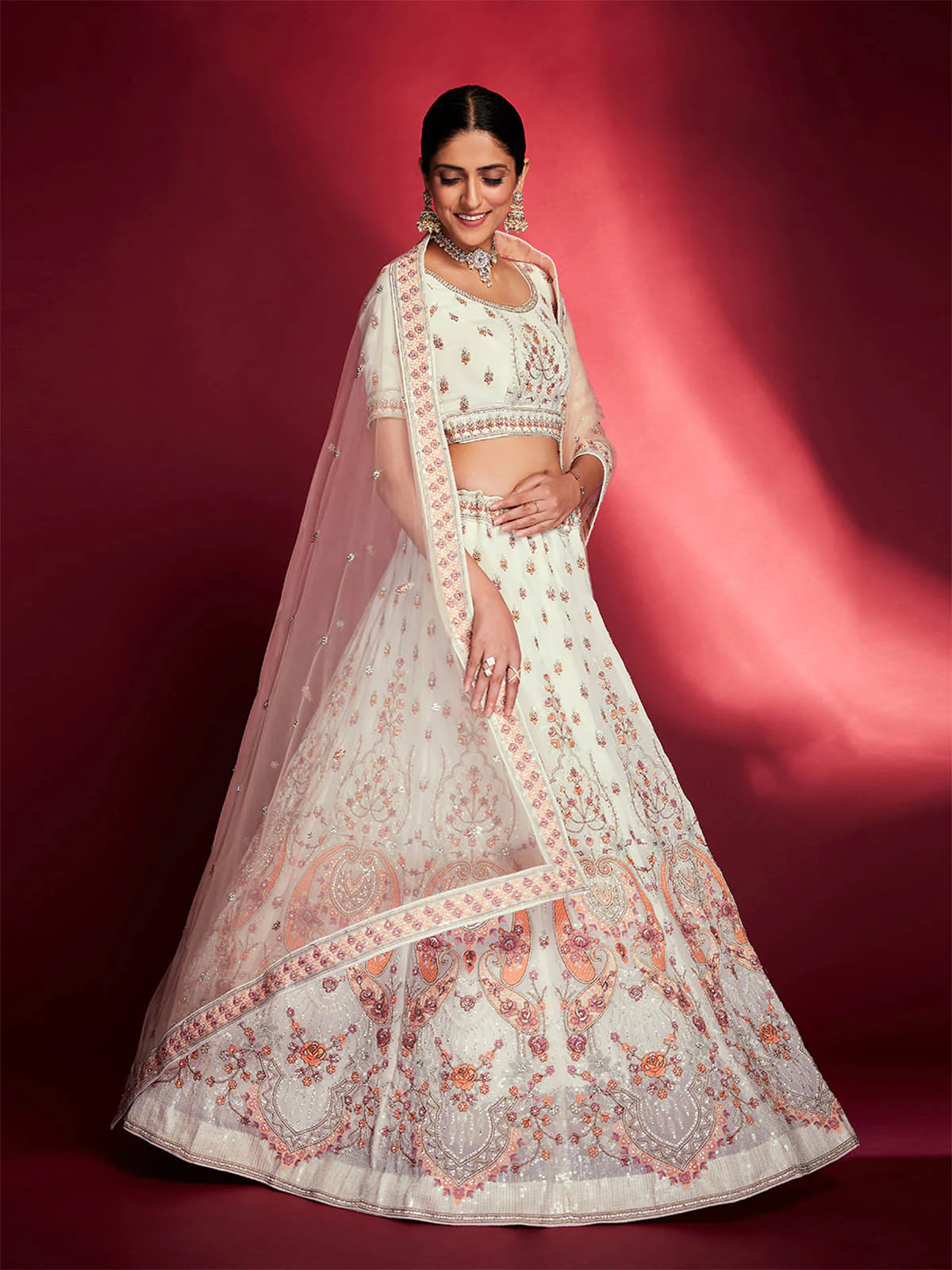 Odette Women Stunning White Georgette Embroidered Semi Stitched Lehenga Choli - Image 3