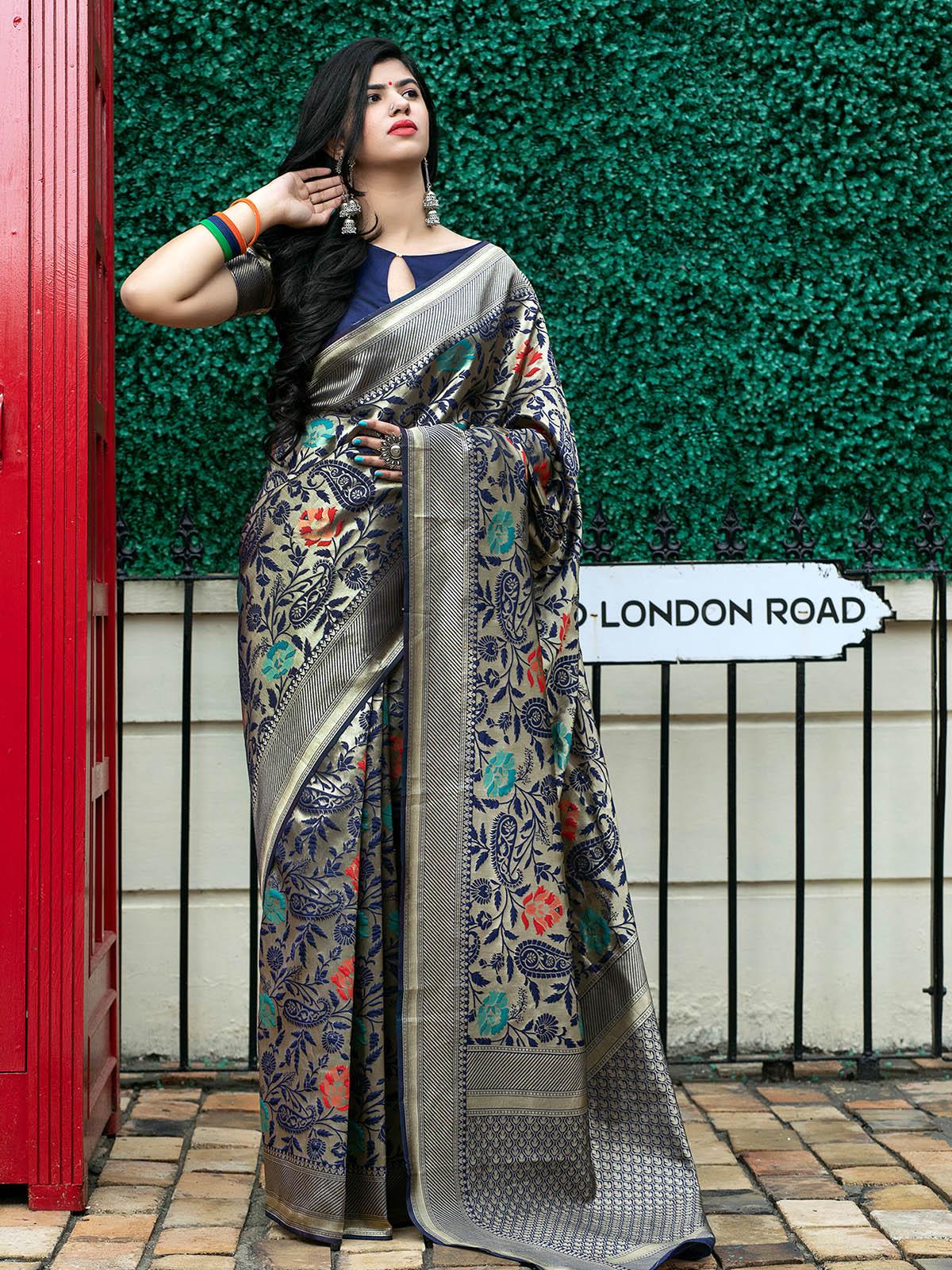 Odette Women Stunning Woven Navy Banarasi Silk Saree With Unstitched Blouse - Image 3