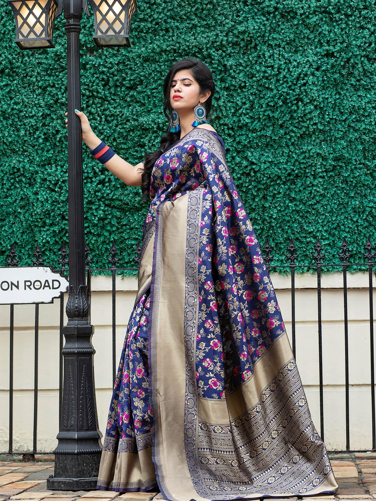 Odette Women Stunning Woven Navy Banarasi Silk Saree With Unstitched Blouse - Image 4