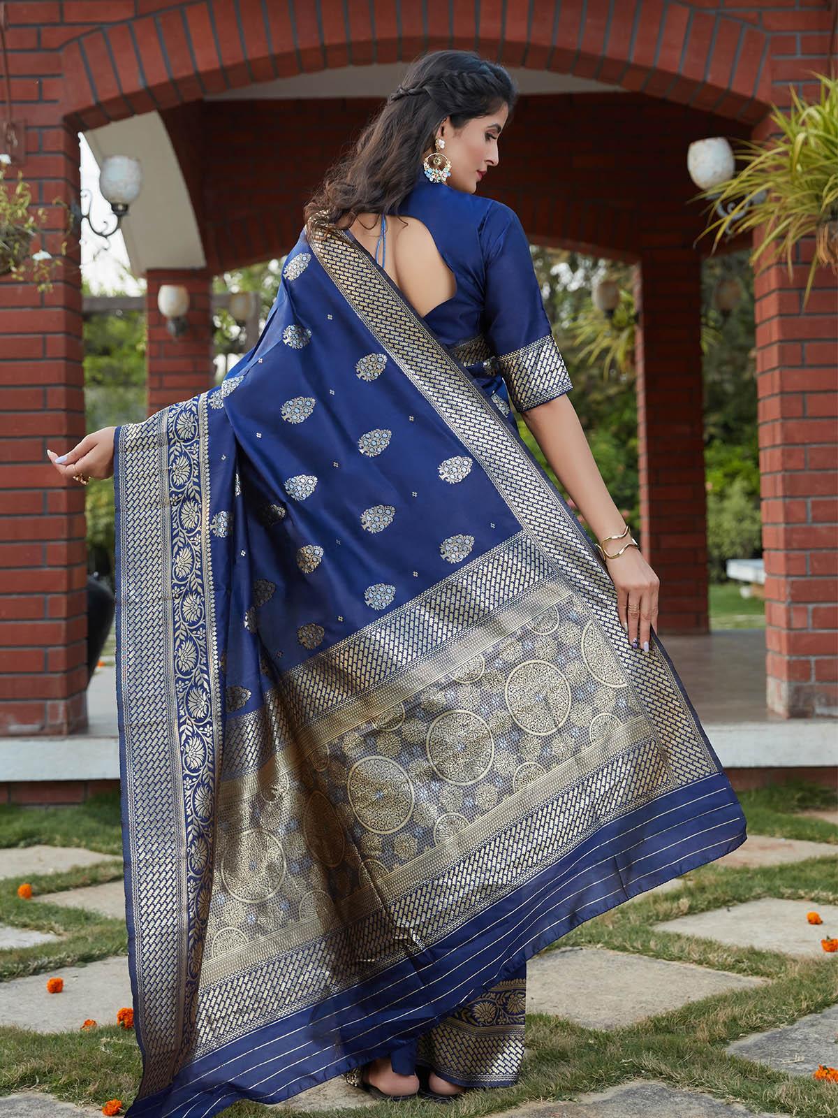 Odette Women Stunning Woven Dark Blue Benarasi Silk Saree With Unstitched Blouse - Image 2