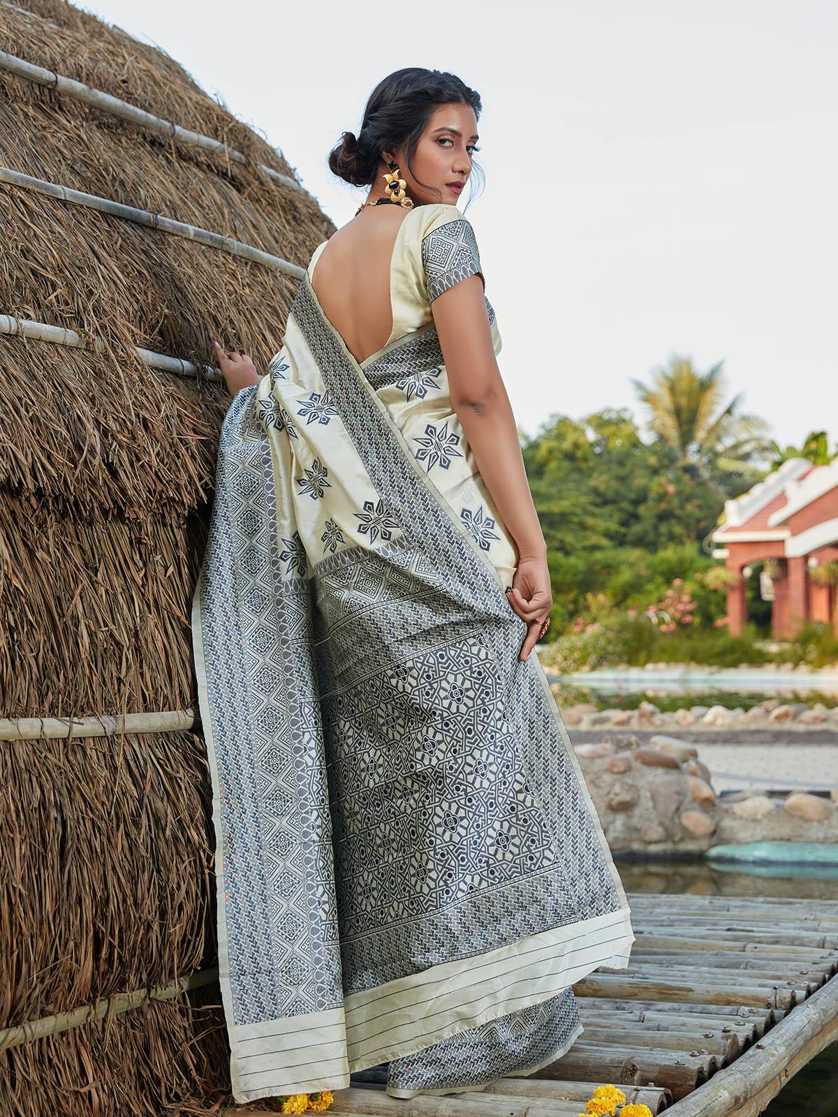 Odette Women Stunning Woven Off-White Banarasi Silk Saree With Unstitched Blouse - Image 2