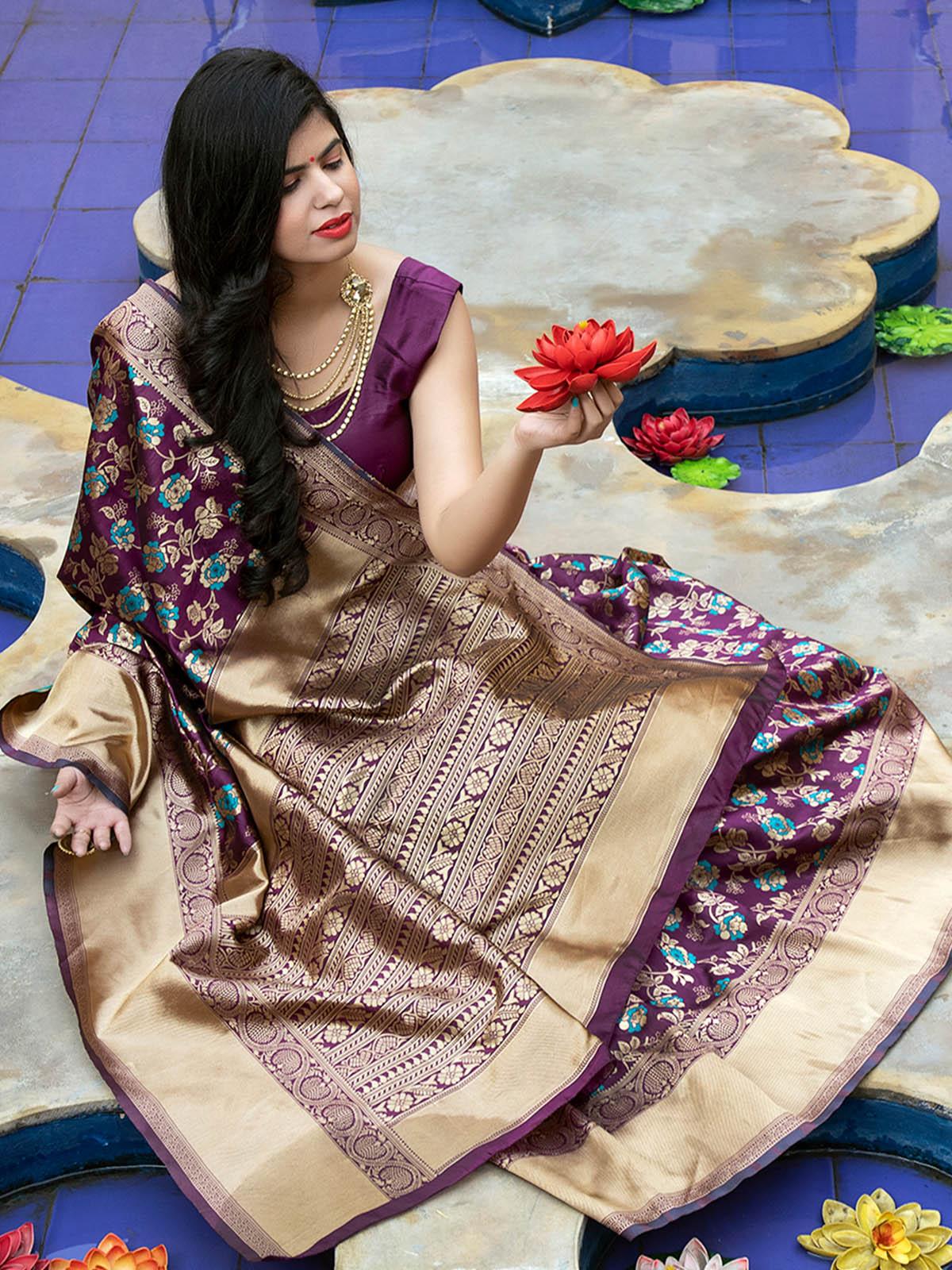 Odette Women Stunning Woven Purple Banarasi Silk Saree With Unstitched Blouse - Image 3