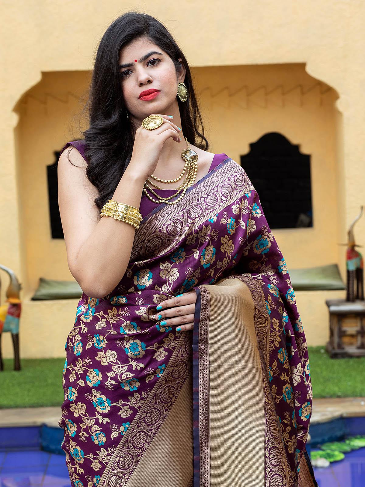Odette Women Stunning Woven Purple Banarasi Silk Saree With Unstitched Blouse - Image 5