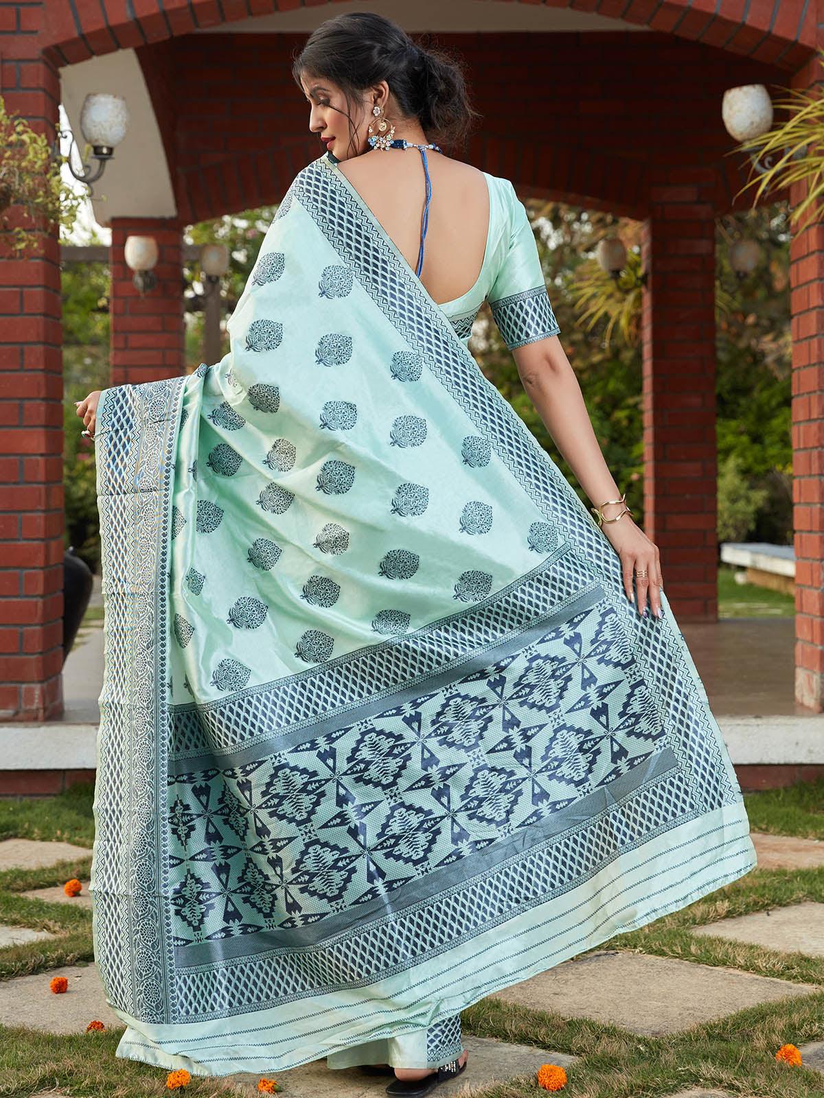Odette Women Stunning Woven Turquoise Blue Banarasi Silk Saree With Unstitched Blouse - Image 2