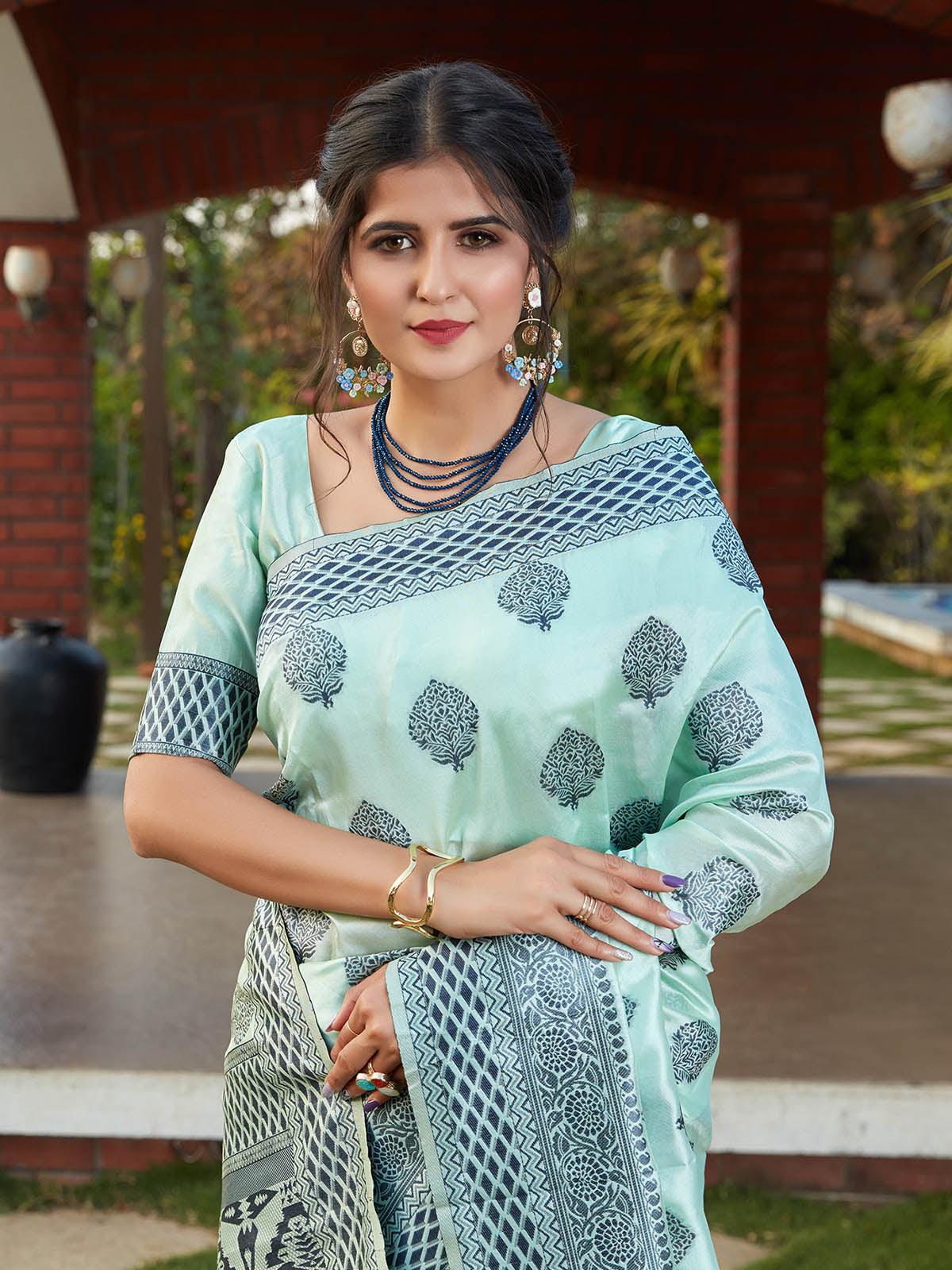 Odette Women Stunning Woven Turquoise Blue Banarasi Silk Saree With Unstitched Blouse - Image 4