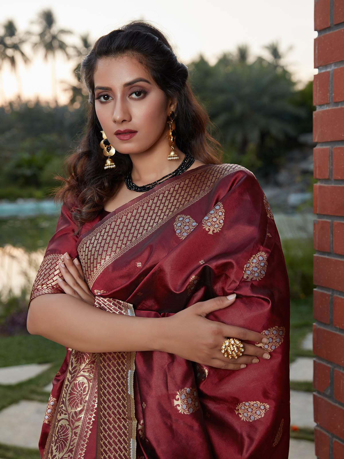 Odette Women Stunning Woven Wine Banarasi Silk Saree With Unstitched Blouse - Image 4