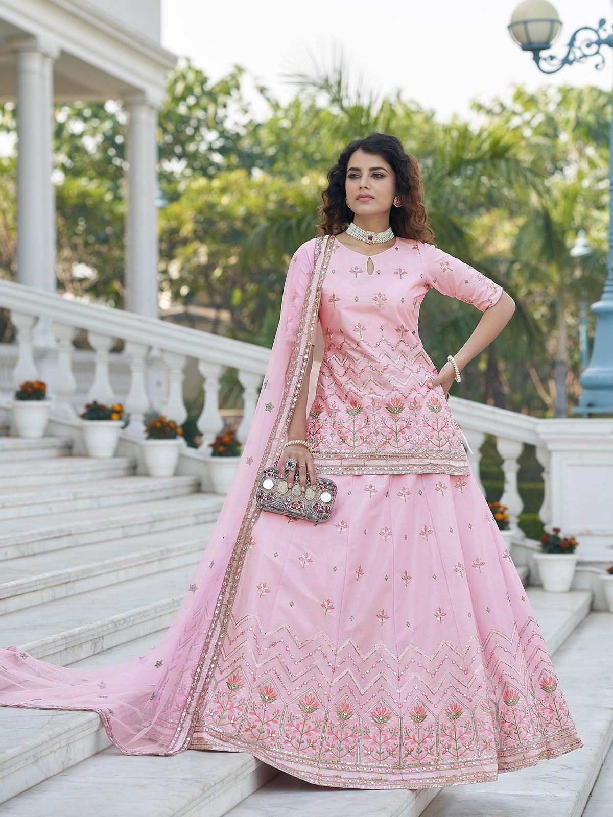Odette Women Stylish Baby Pink Chinon Chiffon Semi Stitched Lehenga With  Unstitched Blouse - Image 4