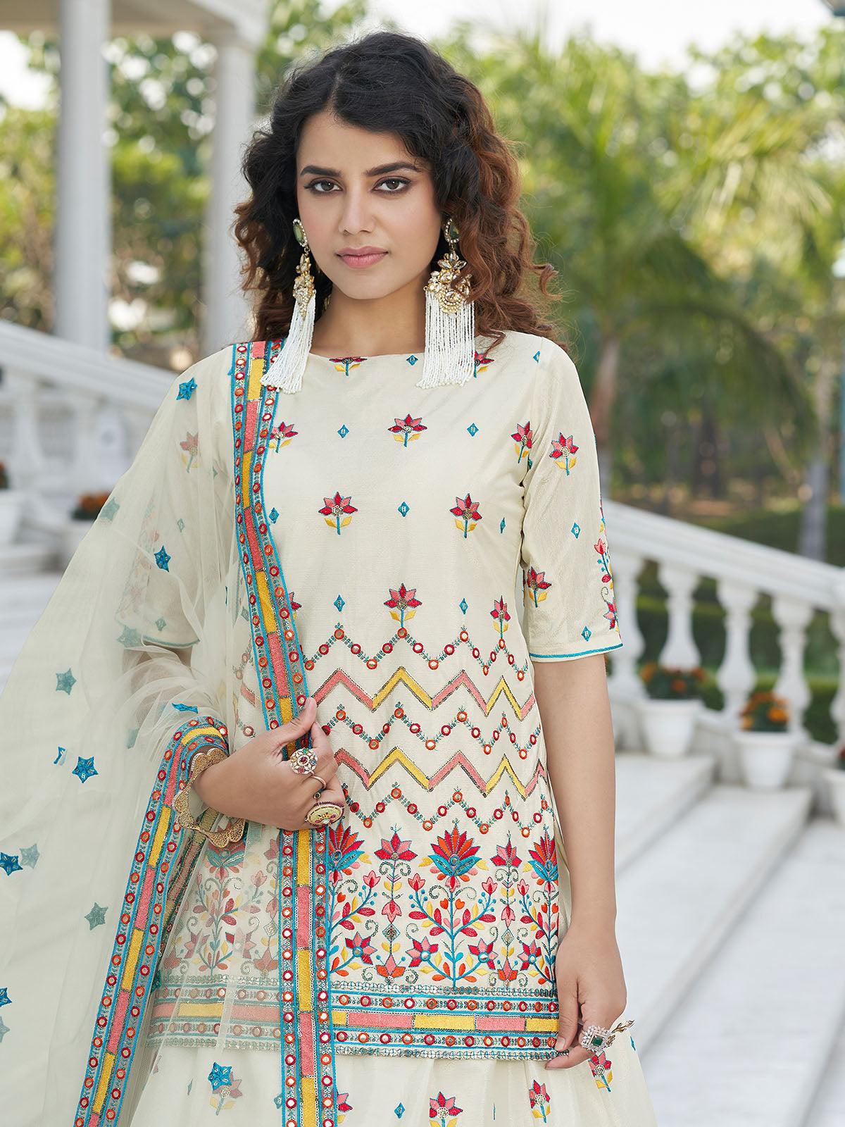 Odette Women Stylish Beige Chinon Chiffon Semi Stitched Lehenga With  Unstitched Blouse - Image 2