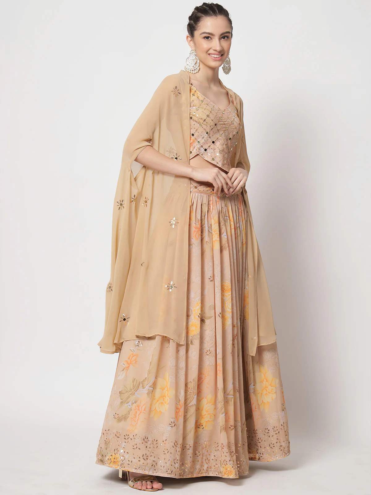 Odette Women Stylish Beige Georgette Embellished Semi Stitched Lehenga With Unstitched Blouse - Image 3